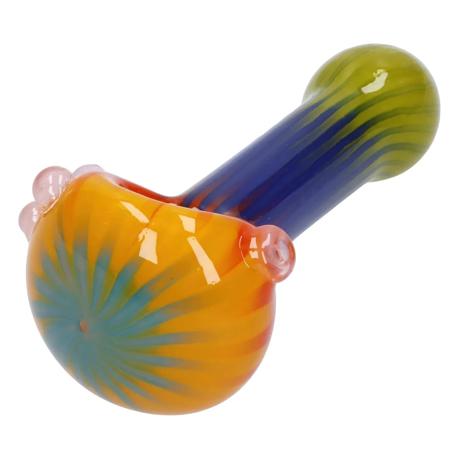 Angled close-up of the Colorful Reversal Art Spoon Pipe - 4.5 in showing its orange swirled bowl with teal rays and a blue-to-green striped stem.