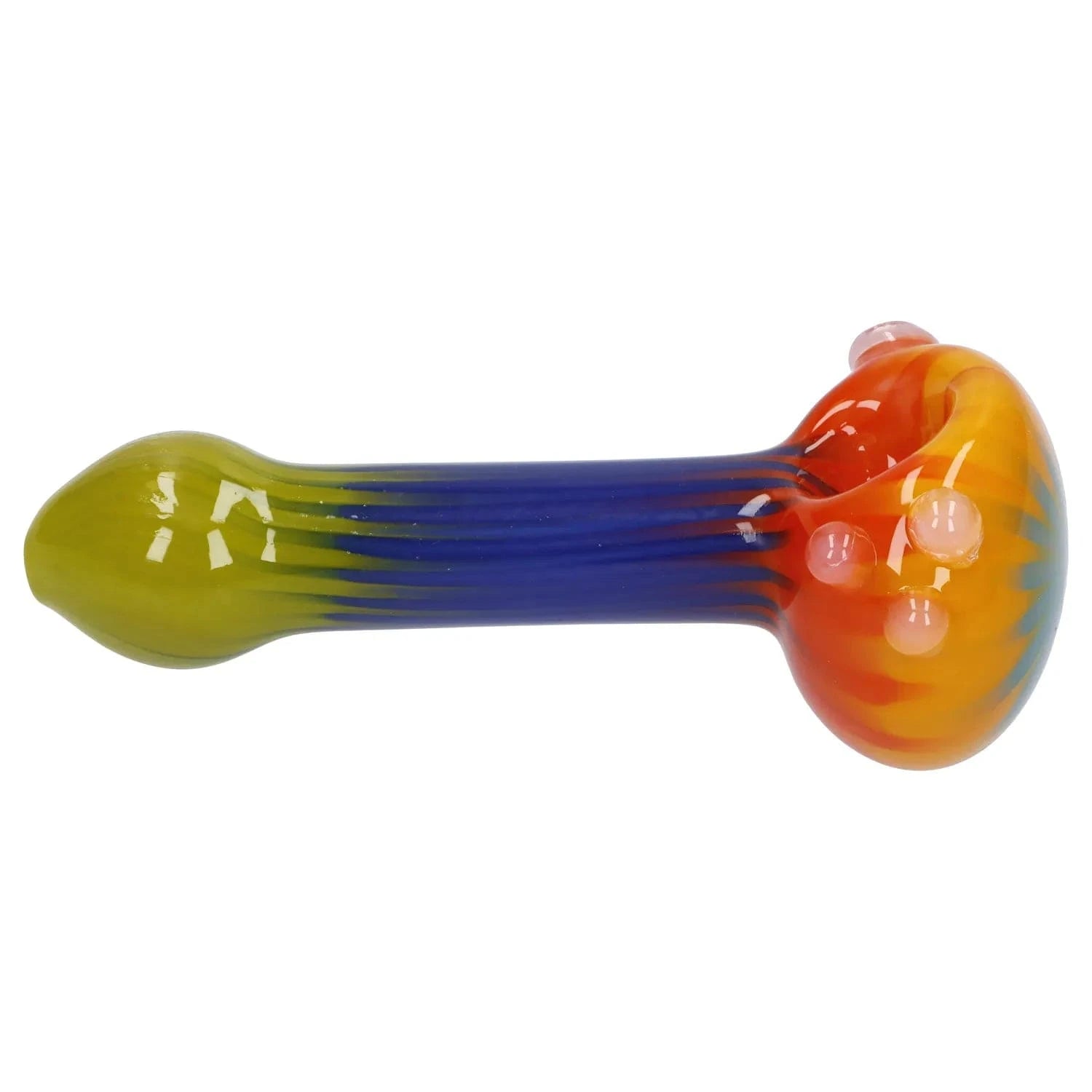 Side view of the Colorful Reversal Art Spoon Pipe - 4.5 in showing a blue-striped stem fading to a green mouthpiece and an orange-yellow bowl with glass nodules.