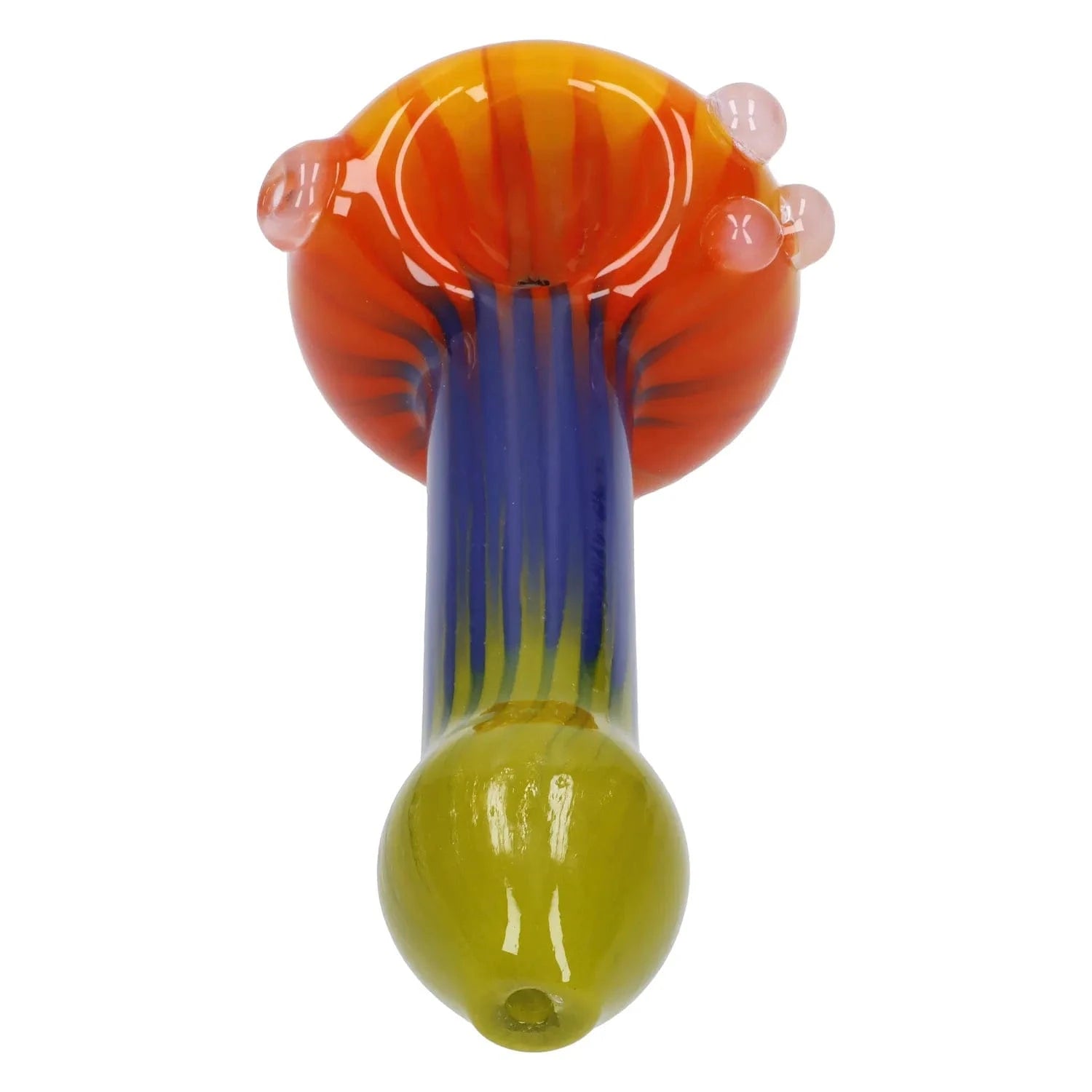 Top-down view of the Colorful Reversal Art Spoon Pipe - 4.5 in, showing its orange flared bowl with three clear glass nubs and a blue-striped stem over a green bulbous mouthpiece