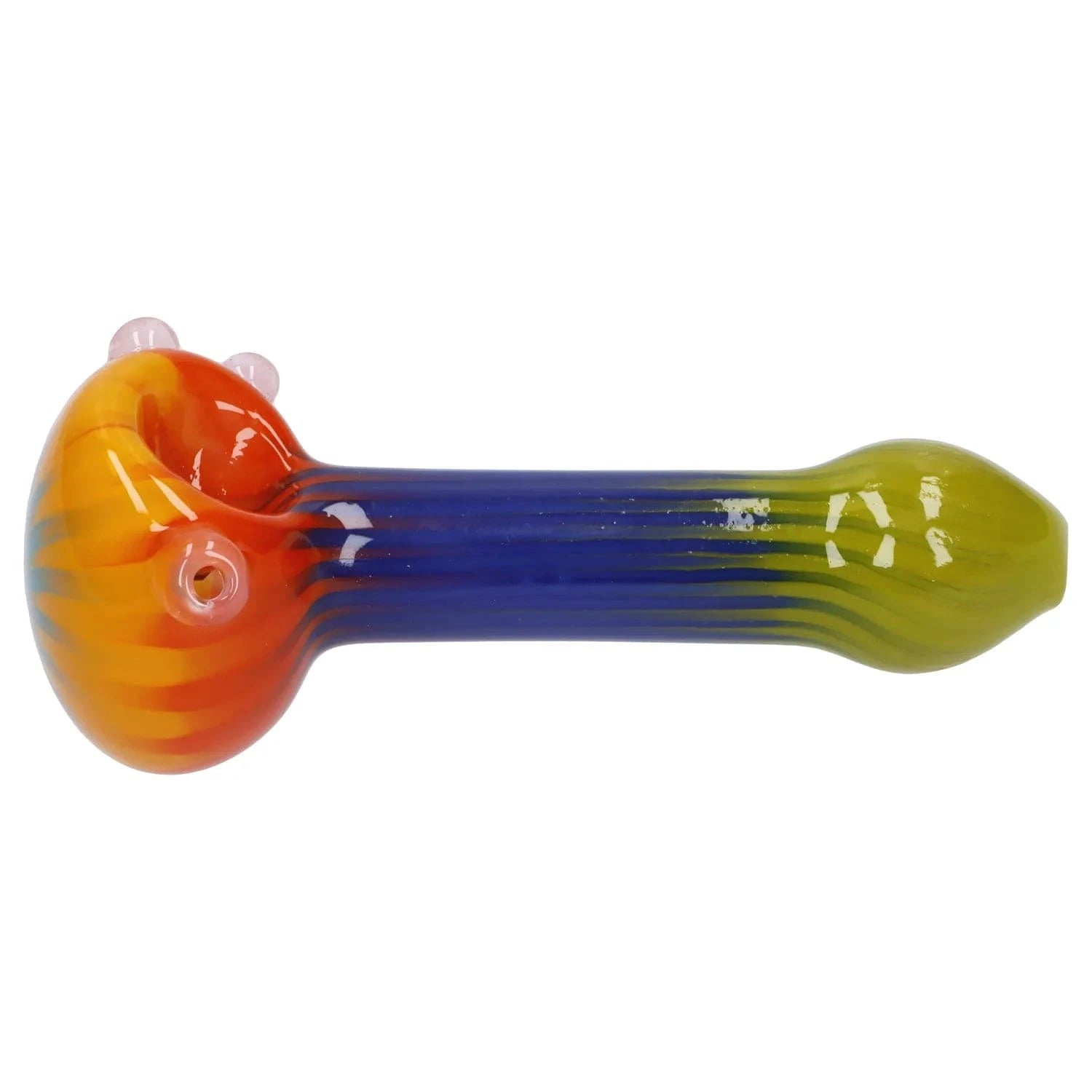Side view of the Colorful Reversal Art Spoon Pipe - 4.5 in showing a glossy orange bowl tapering to a blue striped stem and a green rounded mouthpiece.