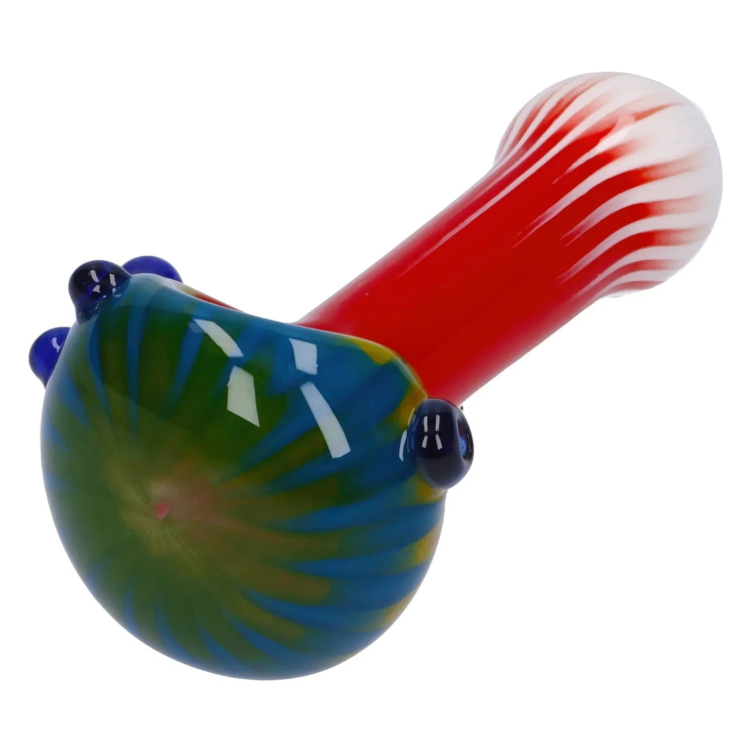 Angled close-up of the Colorful Reversal Art Spoon Pipe - 4.5 in showing a red shaft leading to a green and blue swirled bowl with white-striped flared mouthpiece.