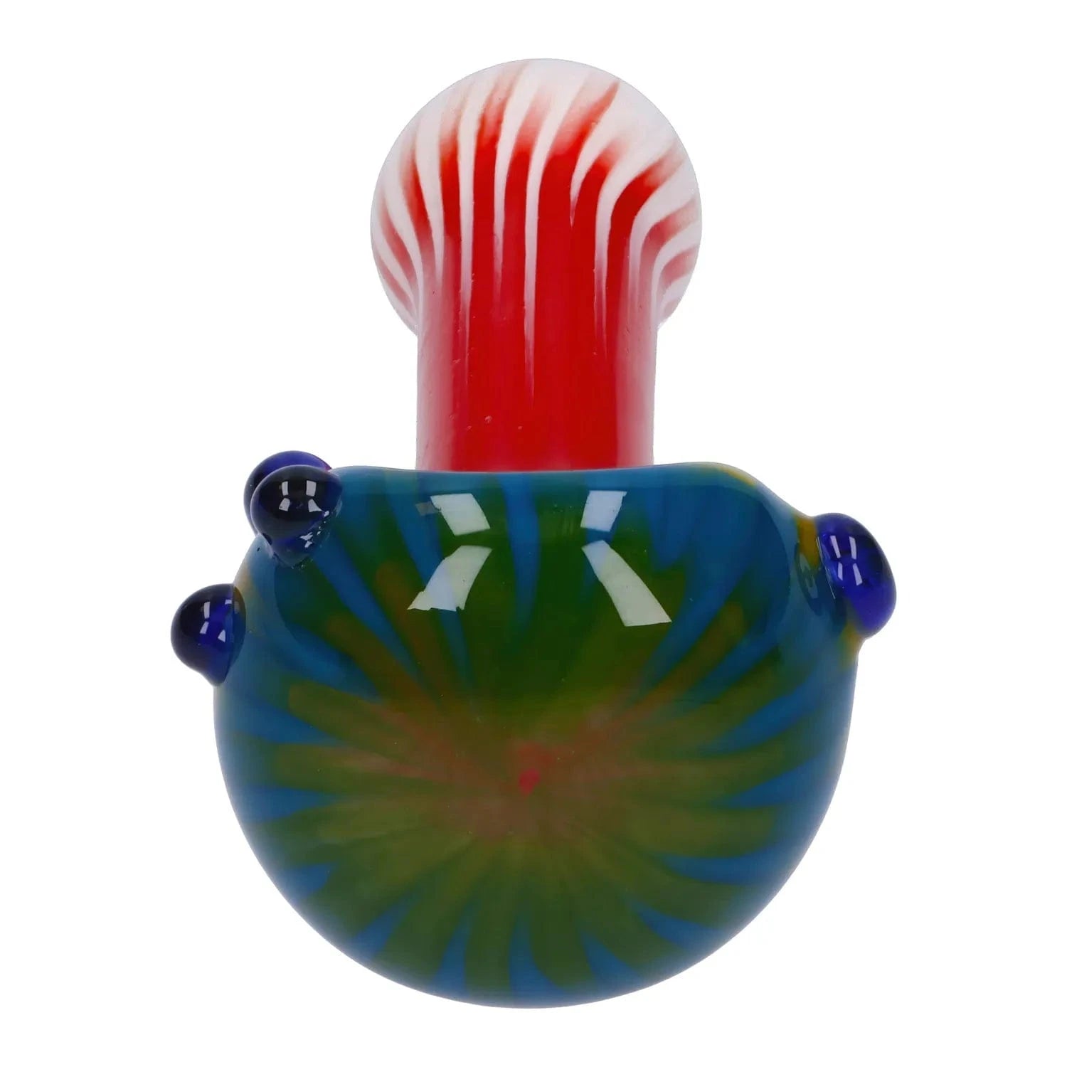 Top-down close-up of the Colorful Reversal Art Spoon Pipe - 4.5 in showing a red-and-white striped mouthpiece above a blue-green bowl with radial stripe patterns and glass nodules.