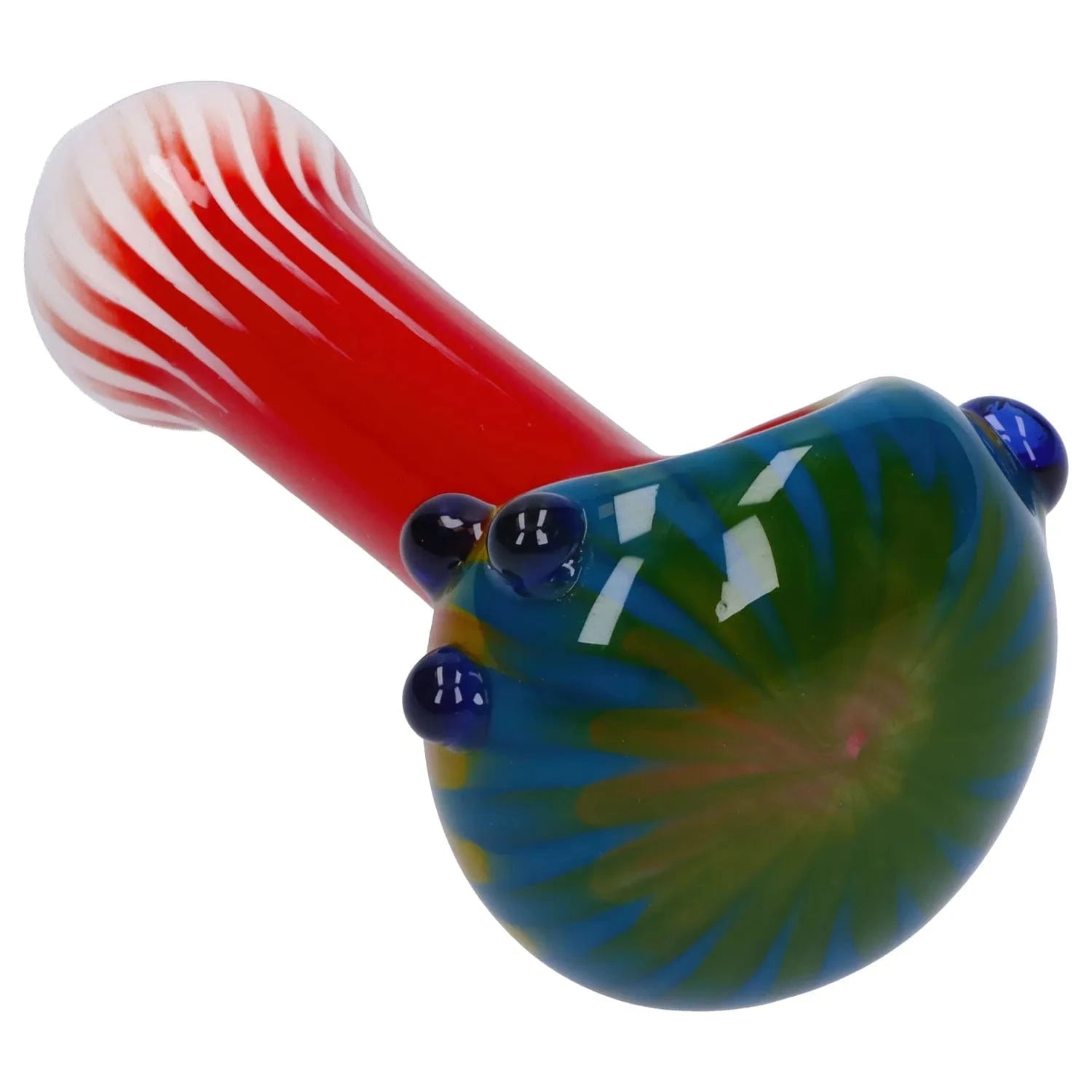 Angled close-up of the Colorful Reversal Art Spoon Pipe - 4.5 in showing a red swirled stem and a green-blue bowl with raised blue glass knobs.