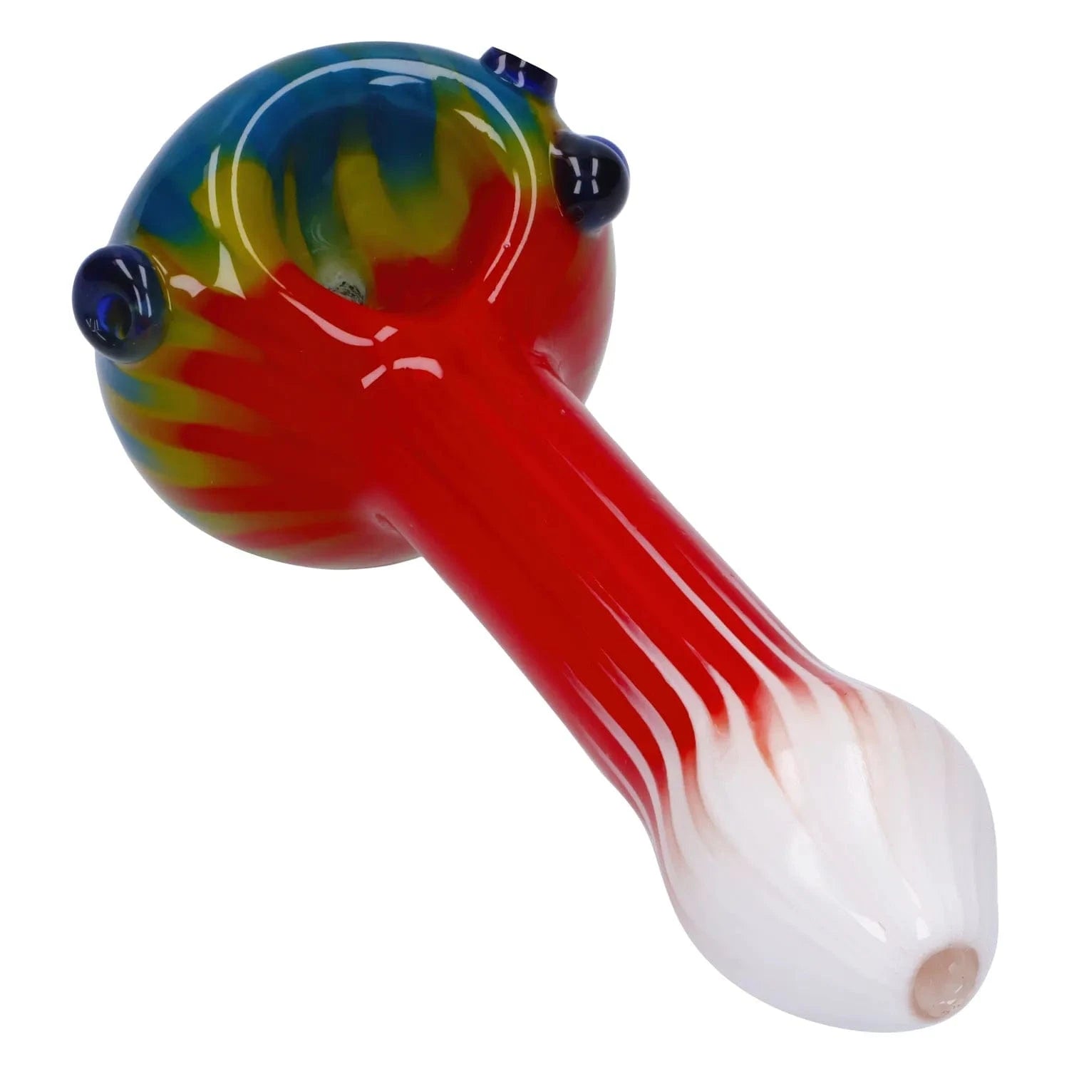 Angled close-up of a colorful glass bowl and red-to-white stem in the Colorful Reversal Art Spoon Pipe - 4.5 in.
