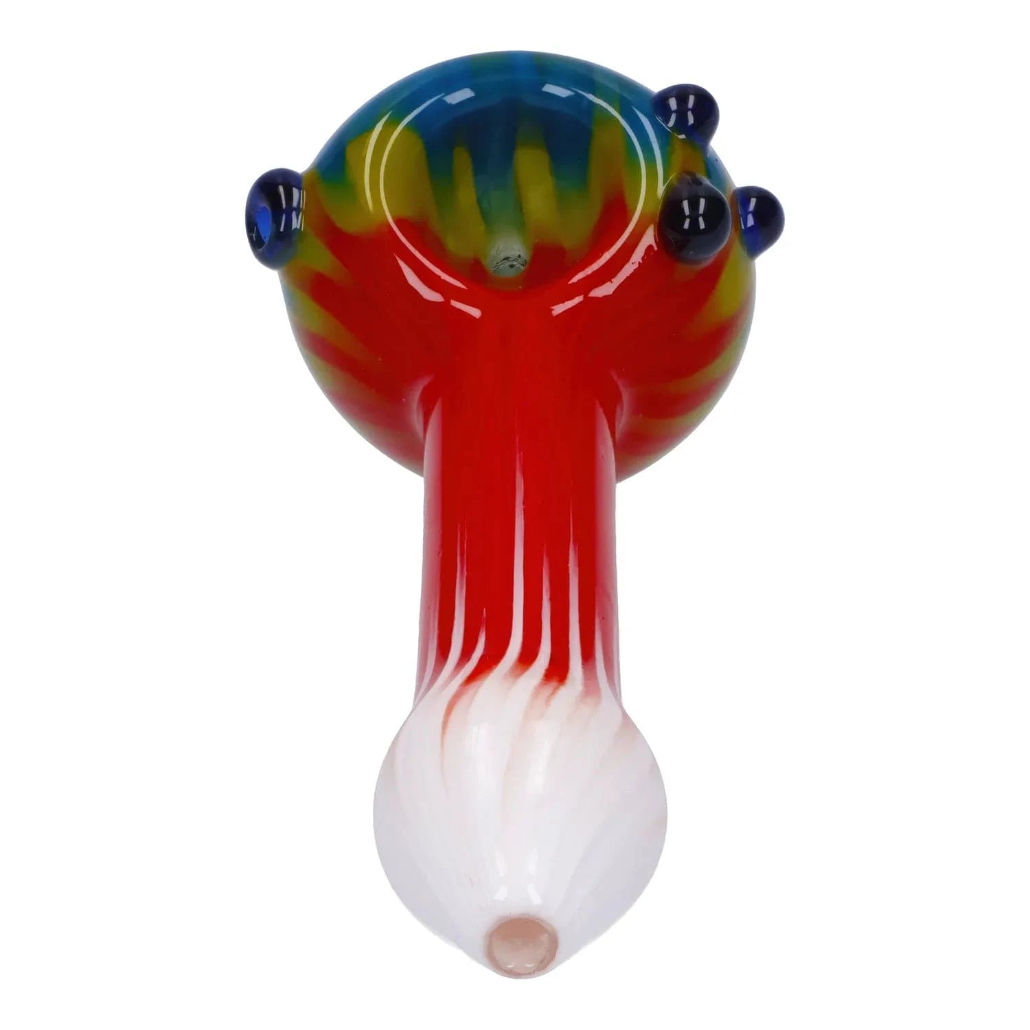 Top-down view of the Colorful Reversal Art Spoon Pipe - 4.5 in showing a glossy red stem fading to white and a rounded multicolored bowl with blue glass knobs.