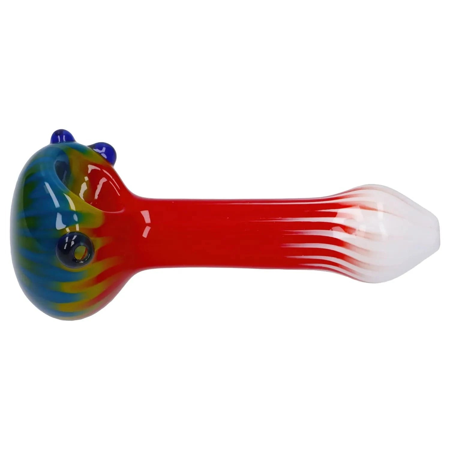 Side view of the Colorful Reversal Art Spoon Pipe - 4.5 in showing a red glass stem, multicolored rounded bowl with blue knobs, and a white-tipped mouthpiece
