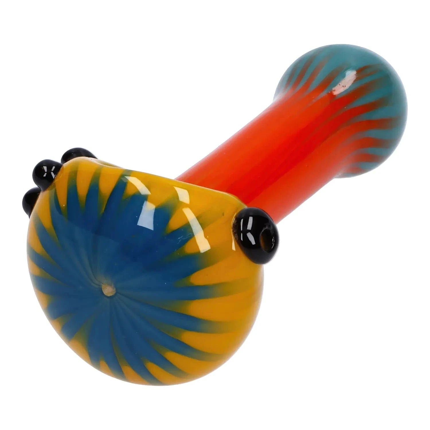 Close-up angled view of the Colorful Reversal Art Spoon Pipe - 4.5 in showing its yellow and blue swirled bowl, red stem, and black accent knobs on a white background.