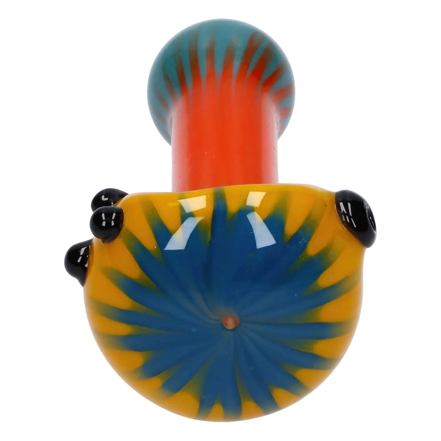 Close-up top view of the Colorful Reversal Art Spoon Pipe - 4.5 in showing a yellow and blue starburst bowl, red stem, and glossy black accents.