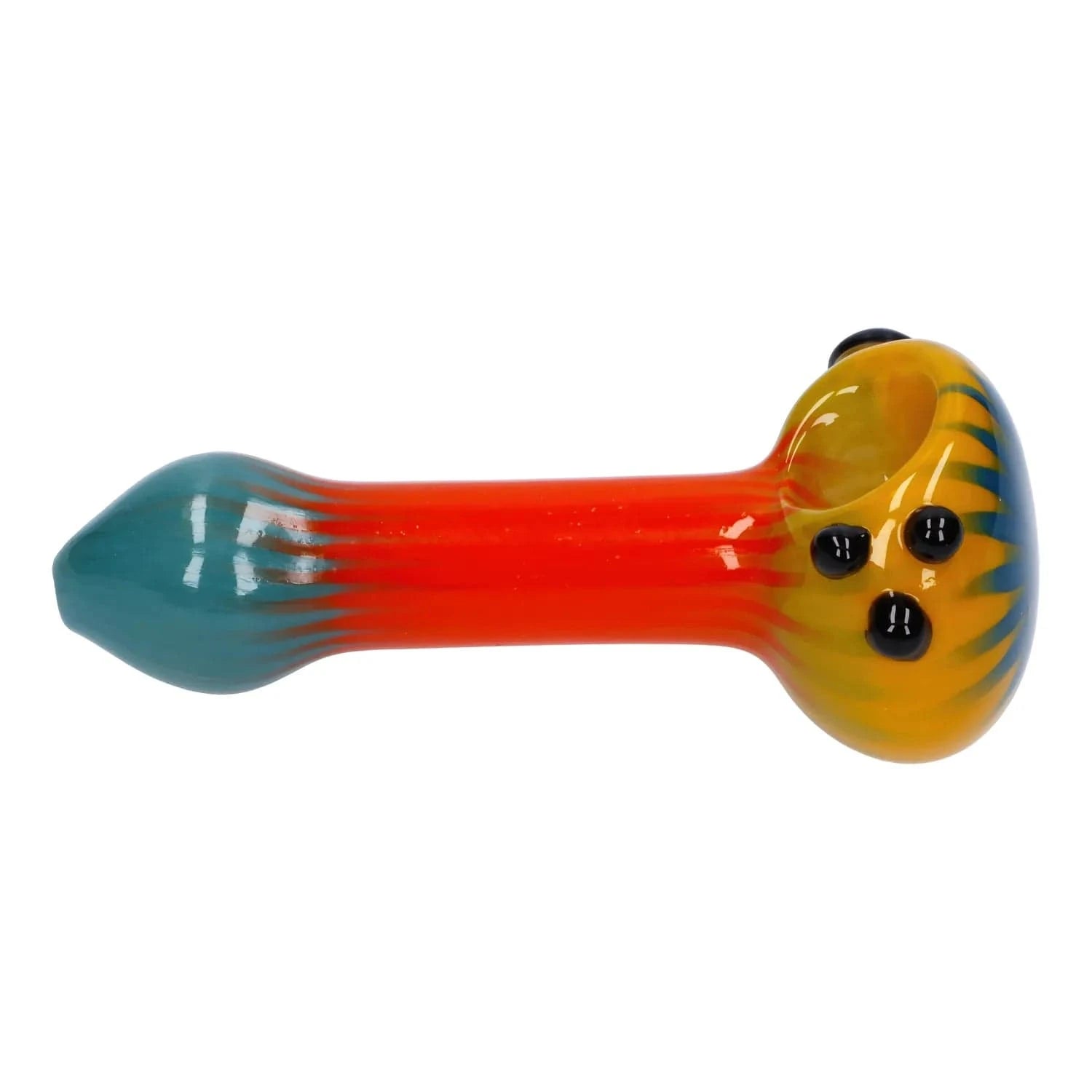 Side view of the Colorful Reversal Art Spoon Pipe - 4.5 in showing a red-to-teal gradient bowl and stem with yellow striped head and three black raised dots.