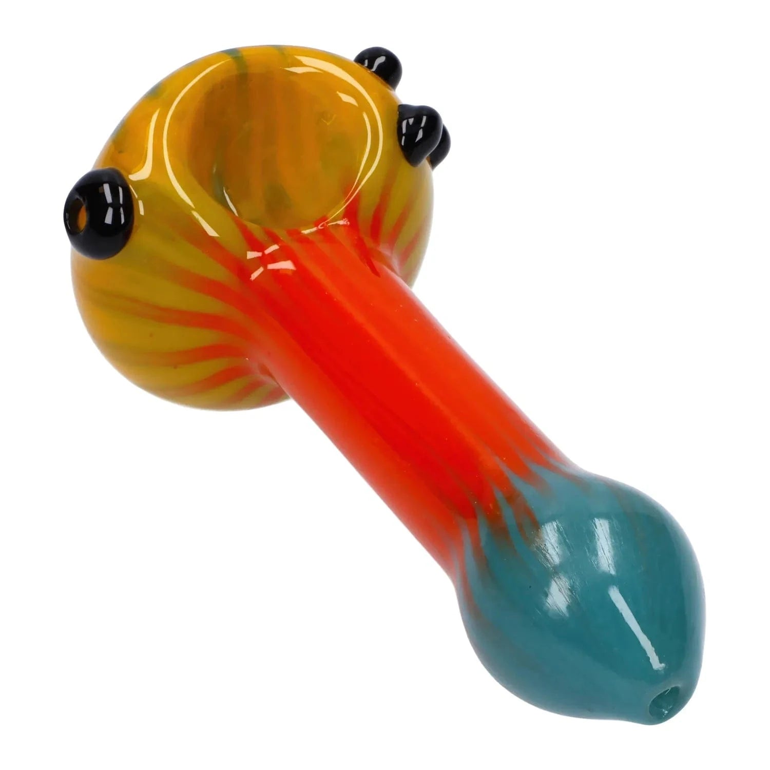 Angled close-up of the Colorful Reversal Art Spoon Pipe - 4.5 in showing a yellow bowl with black glass accents, a red-orange neck and teal mouthpiece against a white background