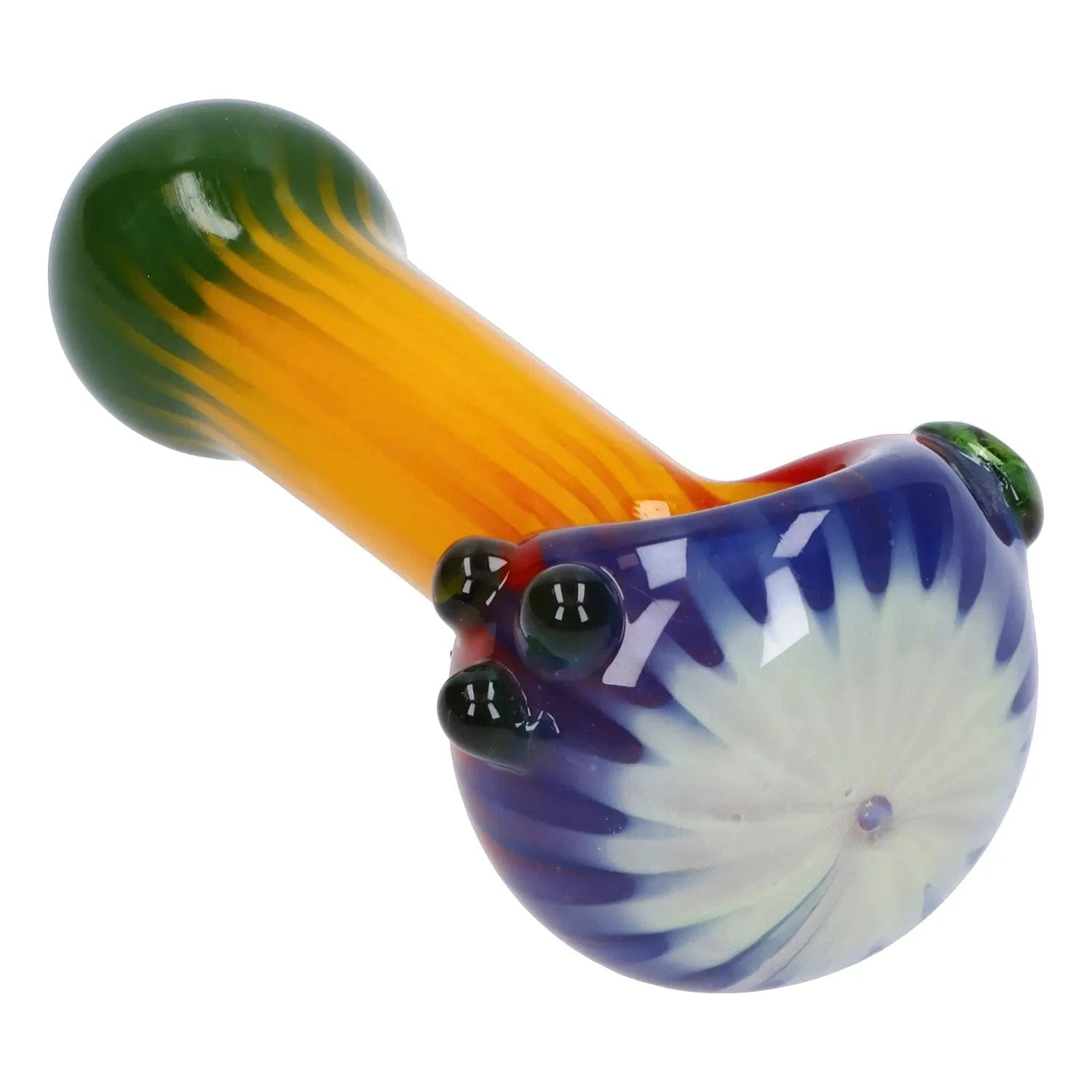 Angled close-up of the Colorful Reversal Art Spoon Pipe - 4.5 in showing its green rounded mouthpiece, orange neck with yellow streaks, and blue-and-white swirled bowl with raised glass nubs