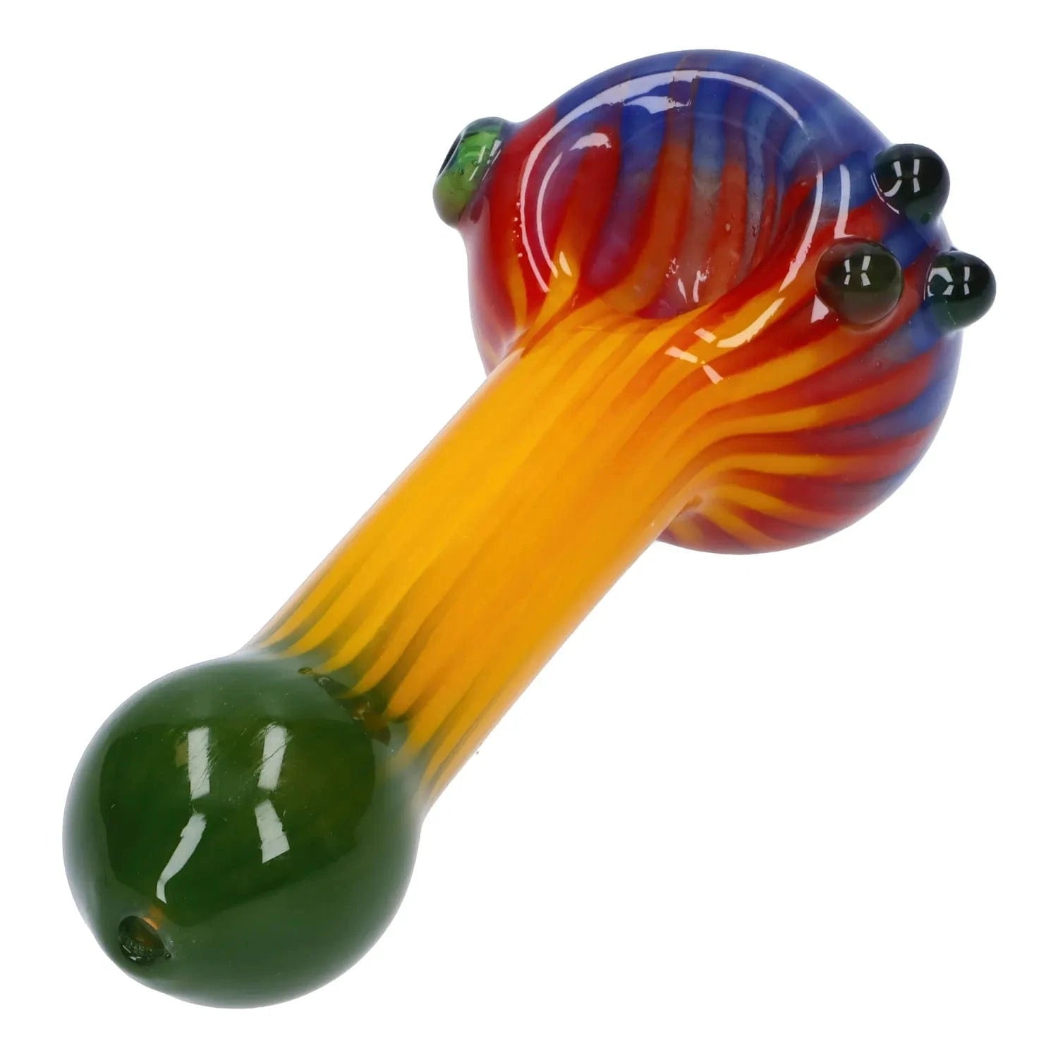 Diagonal close-up of the Colorful Reversal Art Spoon Pipe - 4.5 in showing a green mouthpiece, a yellow-orange striped stem and a red-blue swirled bowl with glass knobs.