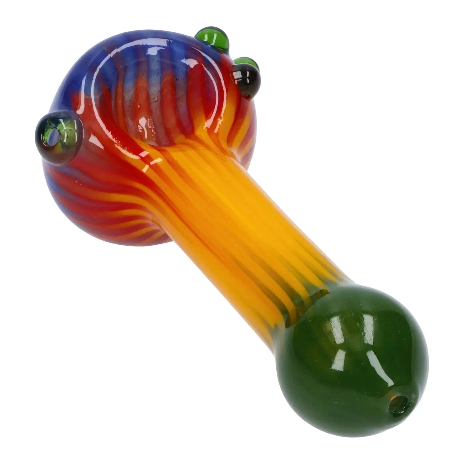 Angled close-up of the Colorful Reversal Art Spoon Pipe - 4.5 in showing its blue and red bowl, striped orange neck, and glossy green mouthpiece
