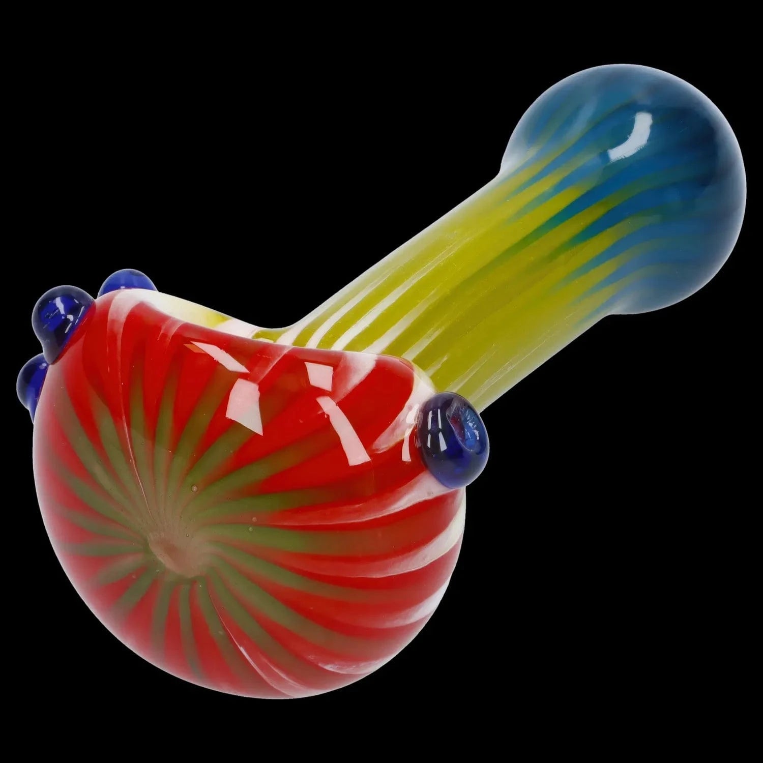 Close-up angled view of the Colorful Reversal Art Spoon Pipe - 4.5 in showing a red swirled bowl with blue glass knobs and a green-to-blue striped stem against a black background