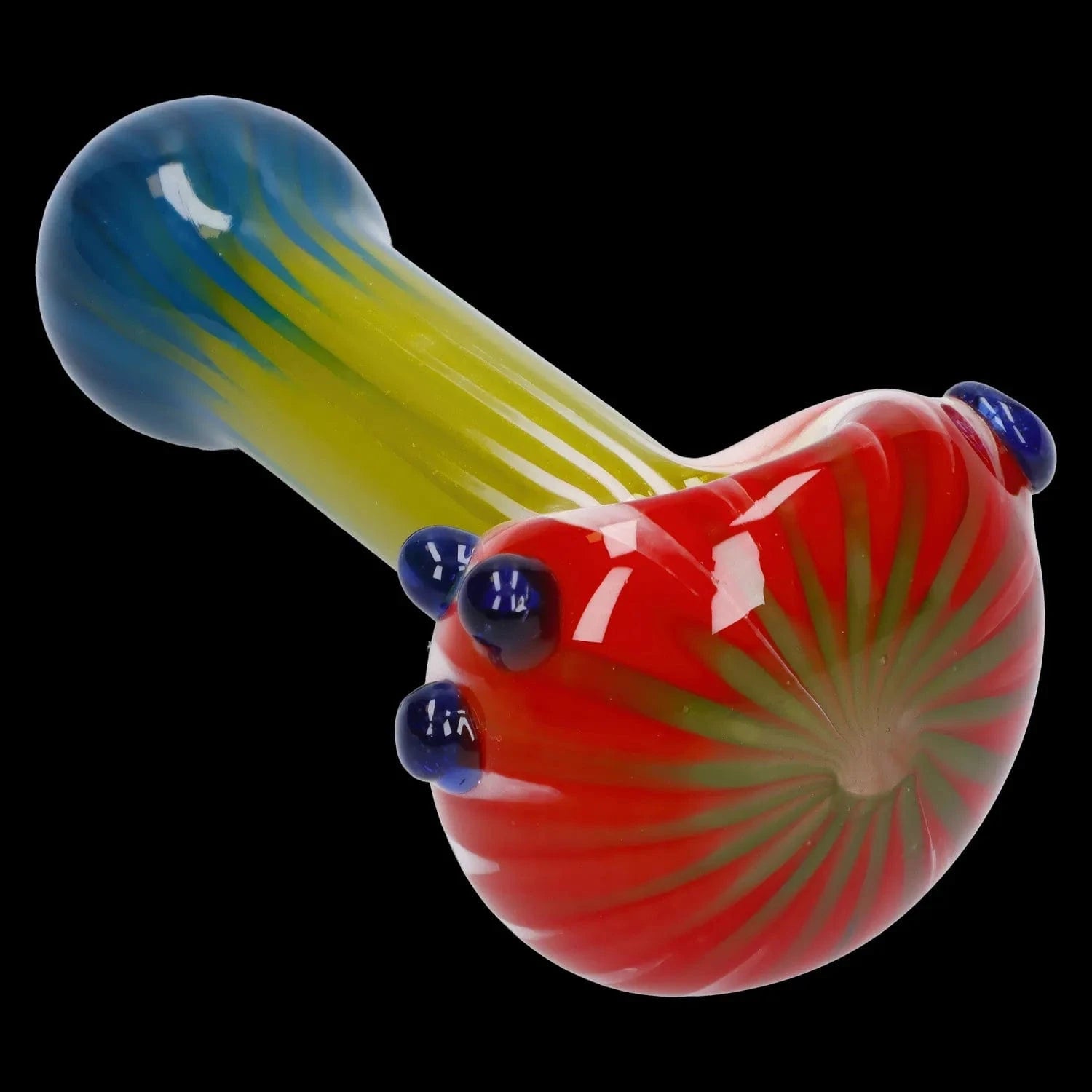 Angled close-up of the Colorful Reversal Art Spoon Pipe - 4.5 in showing its red fluted bowl, green-yellow neck and blue glass knobs on black.