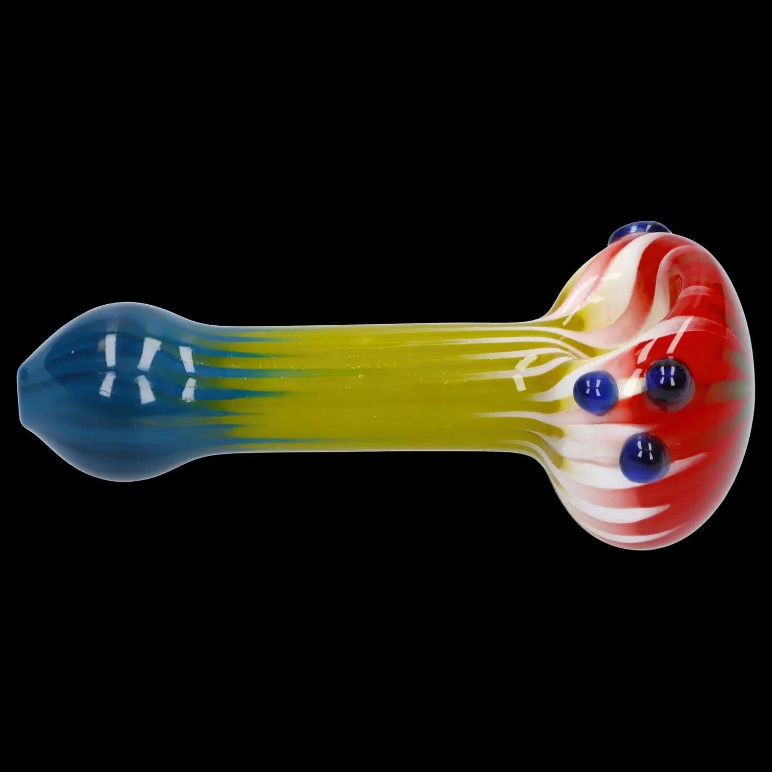 Horizontal close-up of the Colorful Reversal Art Spoon Pipe - 4.5 in showing a blue rounded mouthpiece, a yellow-green stem with blue streaks, and a red-and-white bowl with three raised blue marbles against a black background.