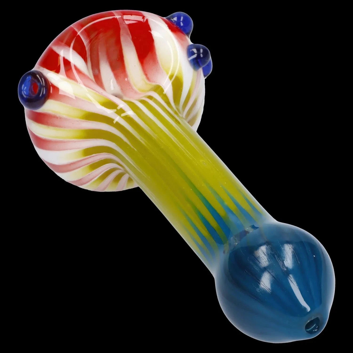 Angled close-up of the Colorful Reversal Art Spoon Pipe - 4.5 in showing a red-and-white striped bowl, a yellow-green ribbed neck and a blue rounded mouthpiece against black background