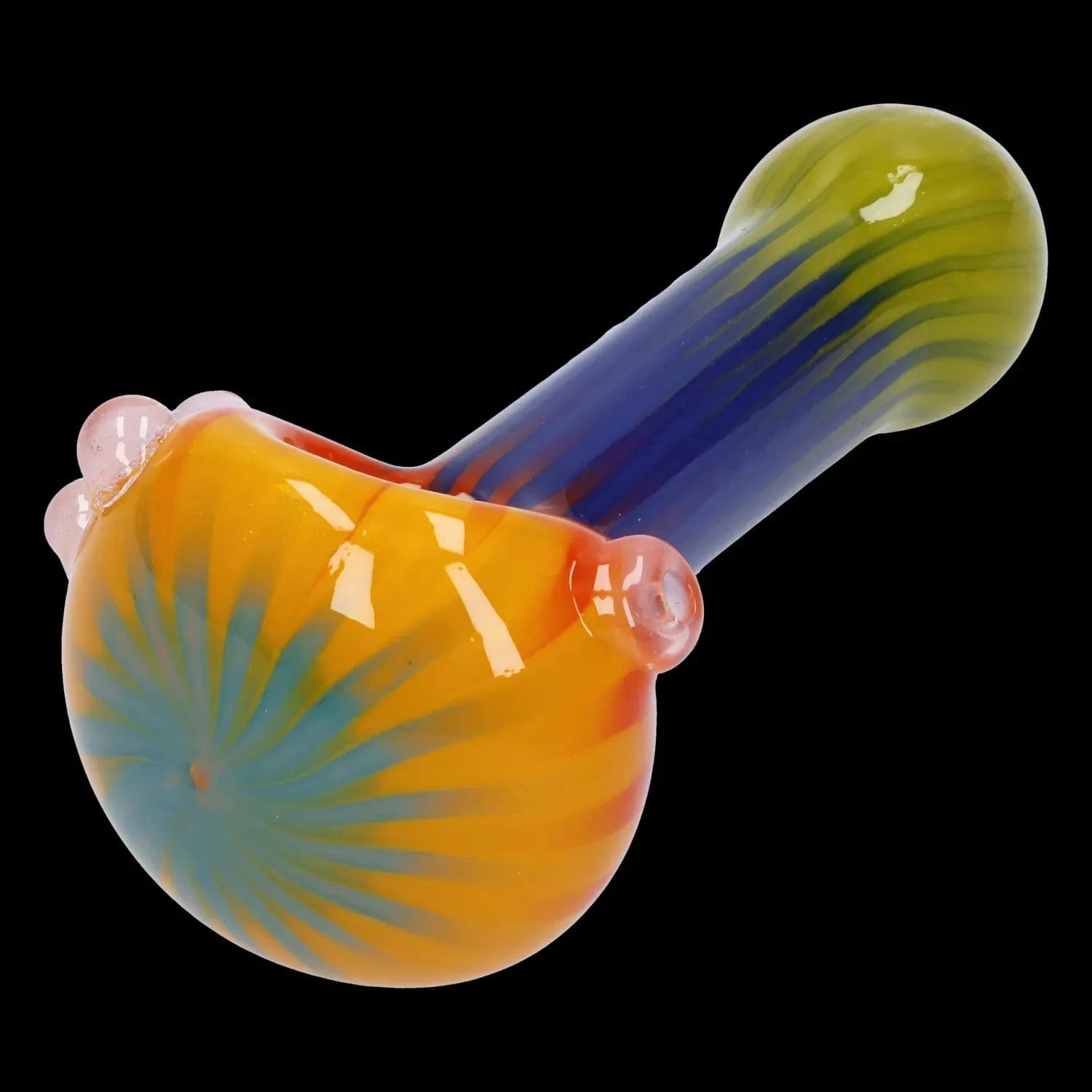 Close-up angled view of the Colorful Reversal Art Spoon Pipe - 4.5 in showing a bulbous orange bowl with teal swirl and a blue-to-green striped stem against a black background