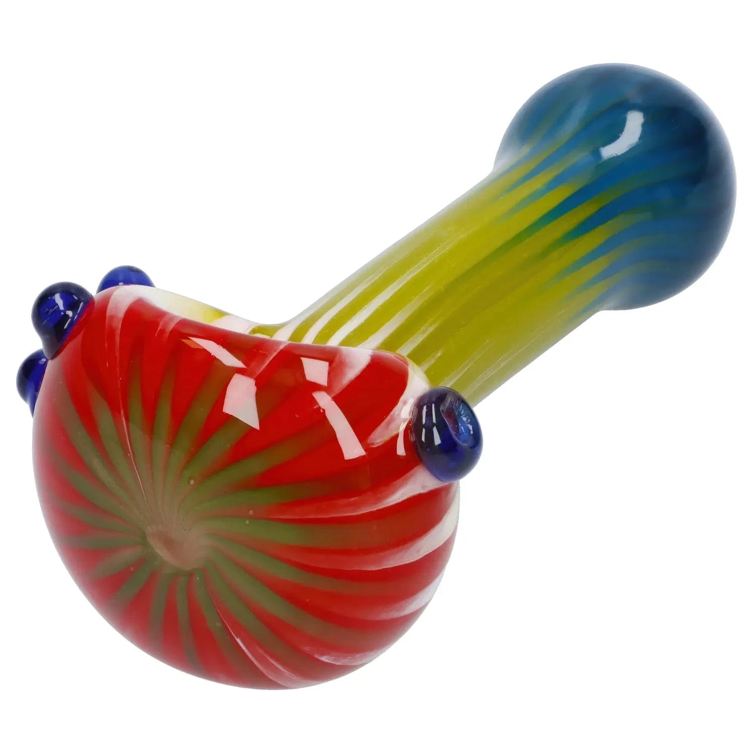 Angled close-up of the Colorful Reversal Art Spoon Pipe - 4.5 in showing its red swirled bowl, green-striped yellow stem, and blue glass knobs.