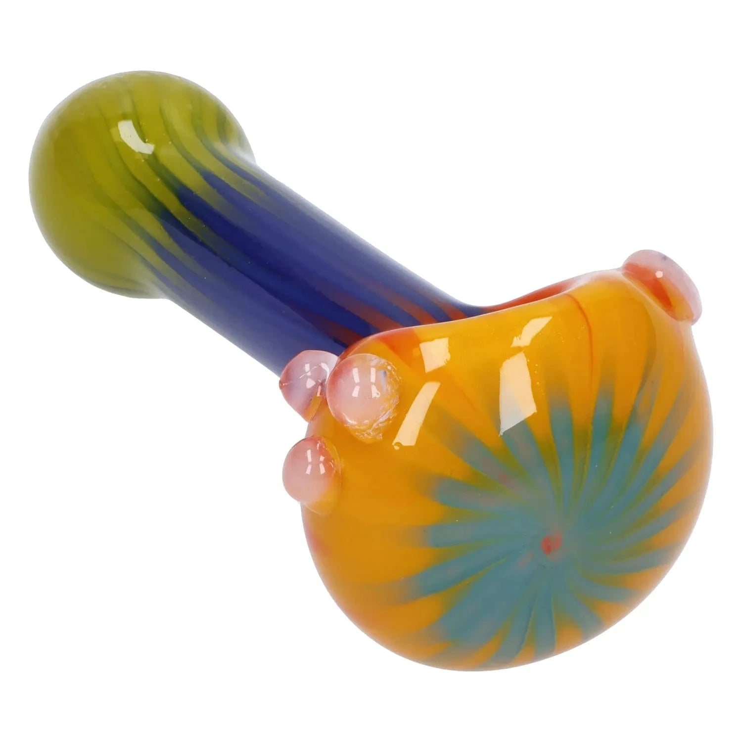 A studio shot of the 4.5-inch Colorful Reversal Art Spoon Pipe, showcasing its vibrant, curved design against a plain white background.