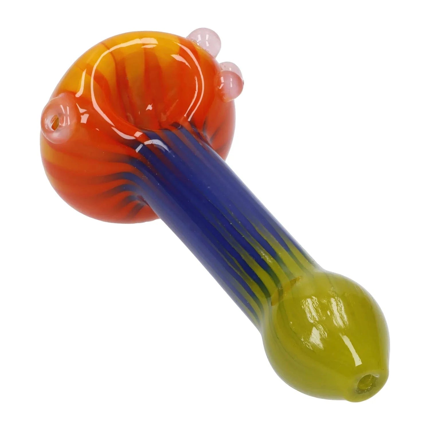 A studio shot of the 4.5-inch Colorful Reversal Art Spoon Pipe, featuring a vibrant, curved design in glass.