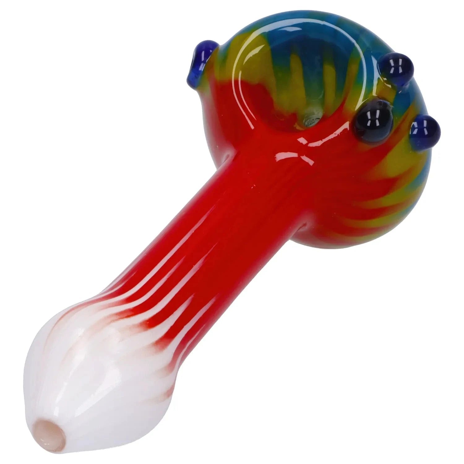 A side view of the 4.5-inch Colorful Reversal Art Spoon Pipe, showcasing its vibrant color pattern and curved design.