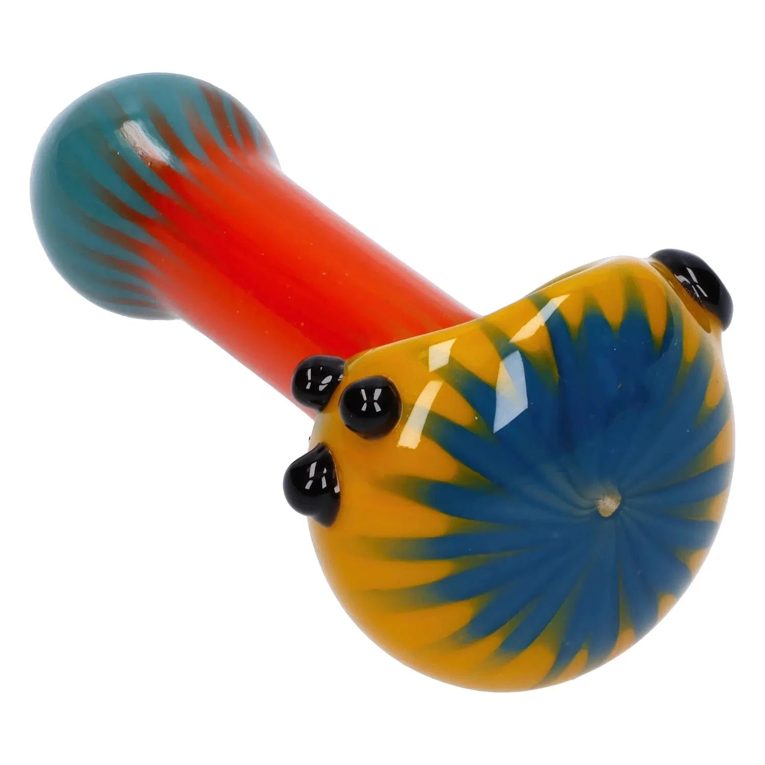 A side view of the 4.5-inch Colorful Reversal Art Spoon Pipe, showcasing its vibrant, swirling colors and curved design.