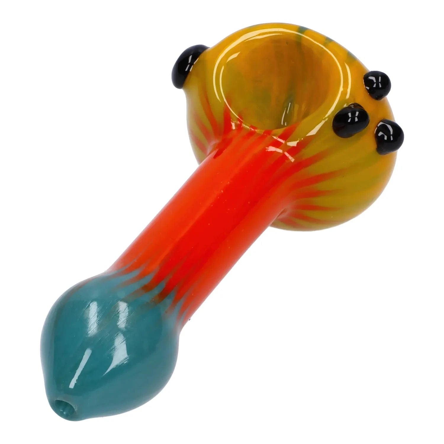A close-up, angled view of the 4.5-inch Colorful Reversal Art Spoon Pipe, showcasing its vibrant color pattern and curved design.
