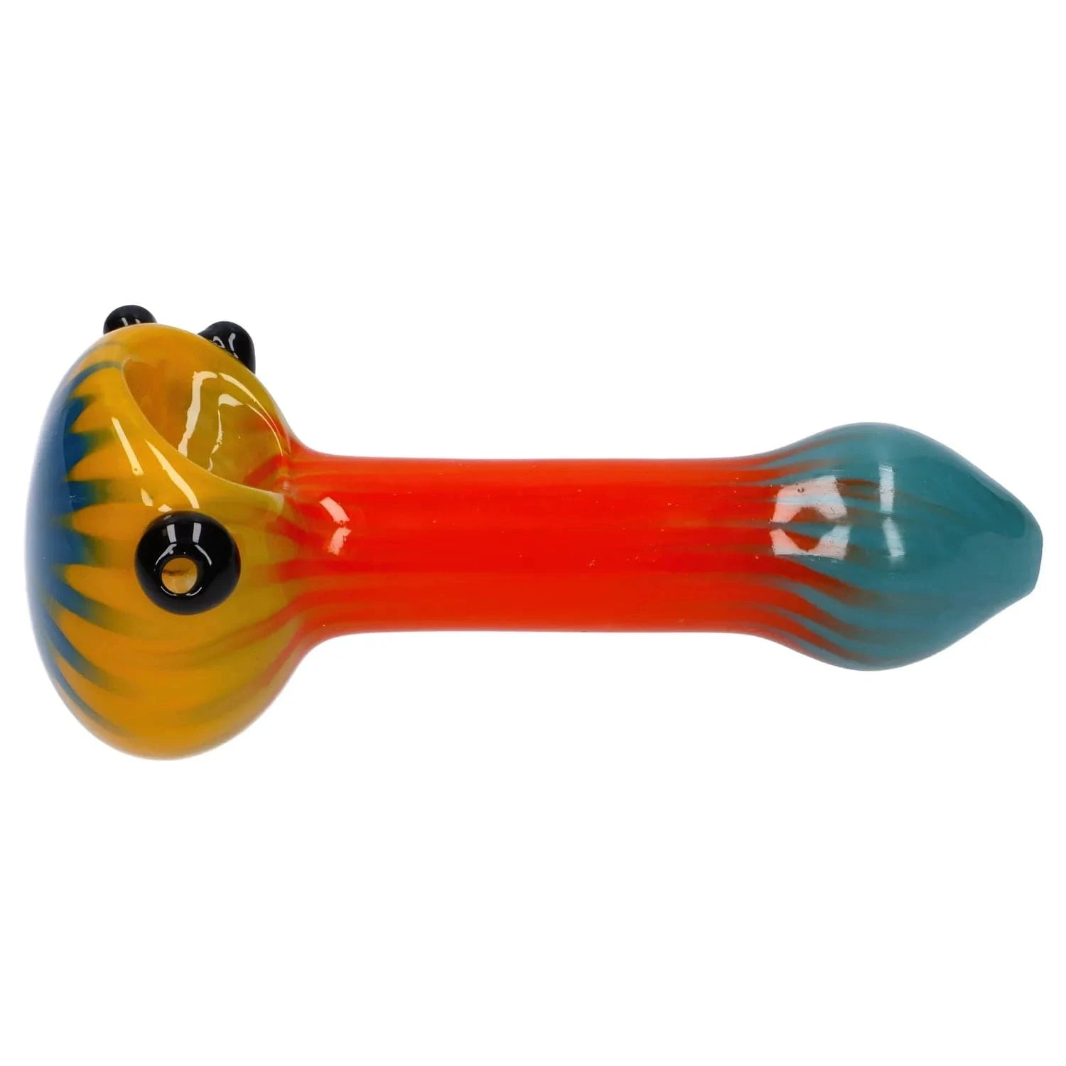 A side view of the 4.5-inch Colorful Reversal Art Spoon Pipe, showcasing its vibrant, multi-toned glass design.