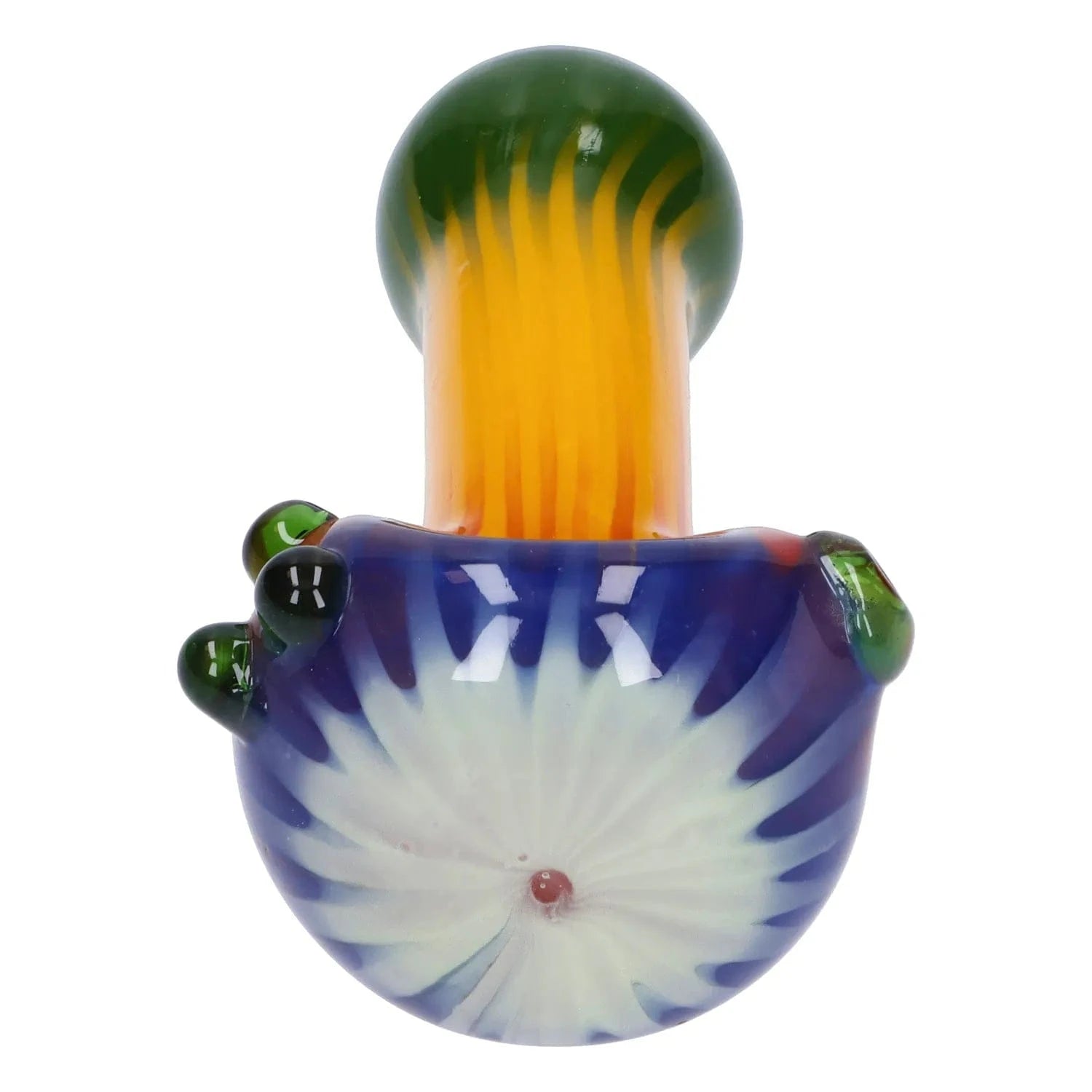 A front view of the 4.5-inch Colorful Reversal Art Spoon Pipe, displaying a vibrant, orange and green glass design.