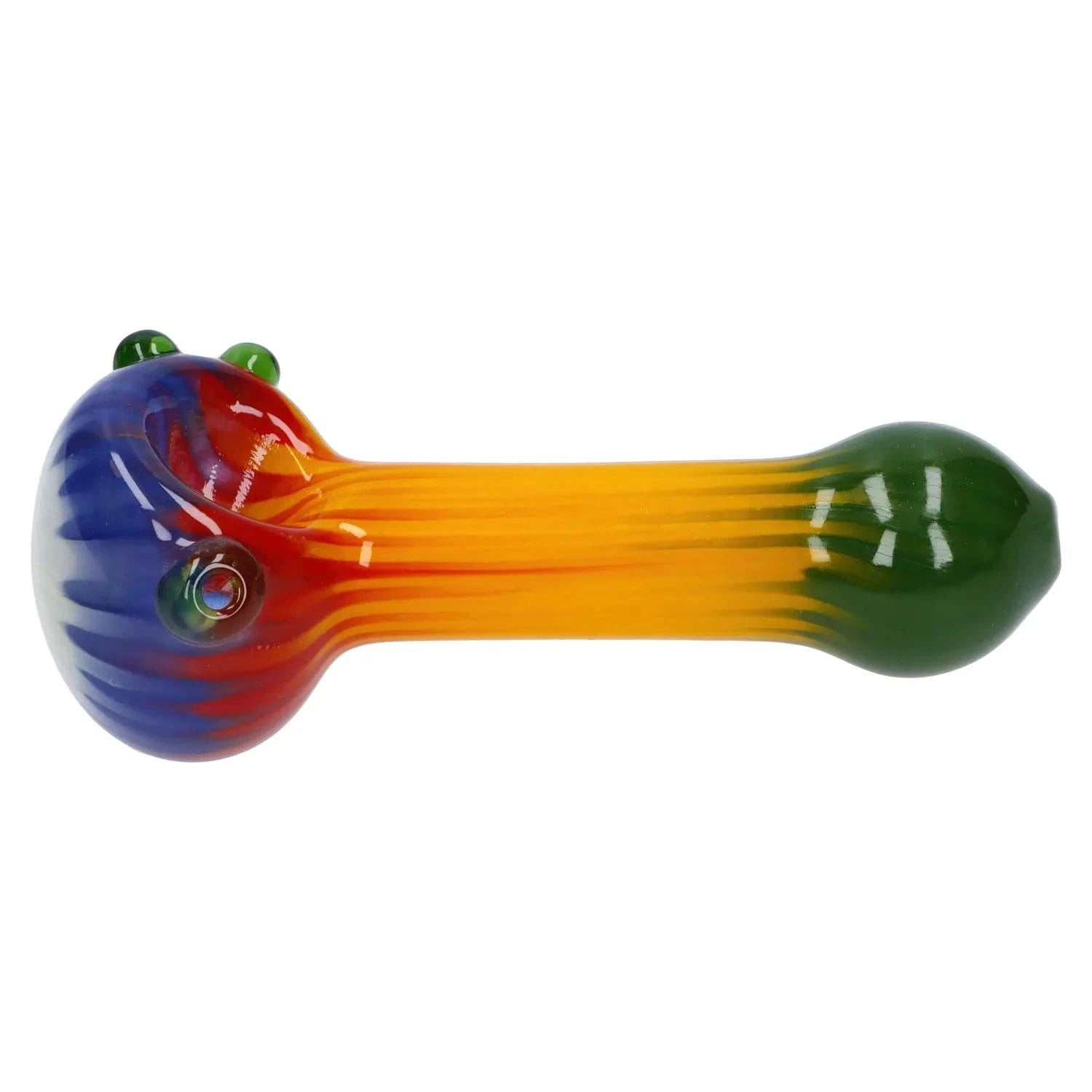 A side view of the 4.5-inch Colorful Reversal Art Spoon Pipe, showcasing its vibrant, curved glass design against a plain white backdrop.