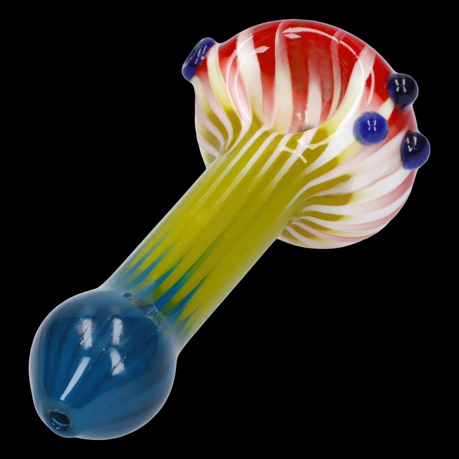 A close-up, angled view of the Colorful Reversal Art Spoon Pipe, showcasing its vibrant, patterned glass design.