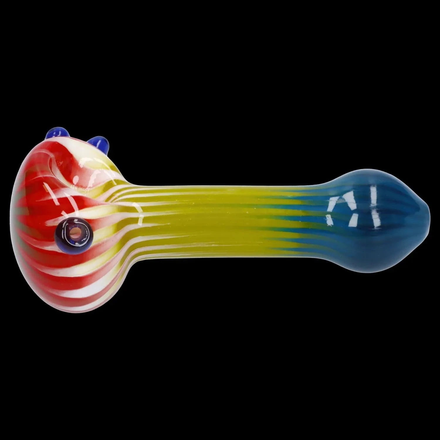 A side view of the 4.5-inch Colorful Reversal Art Spoon Pipe, showcasing its vibrant, multi-colored glass design.