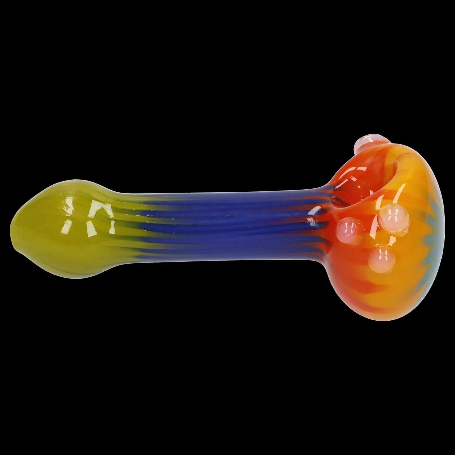 A side view of the 4.5-inch Colorful Reversal Art Spoon Pipe, displaying its vibrant color pattern and curved design.