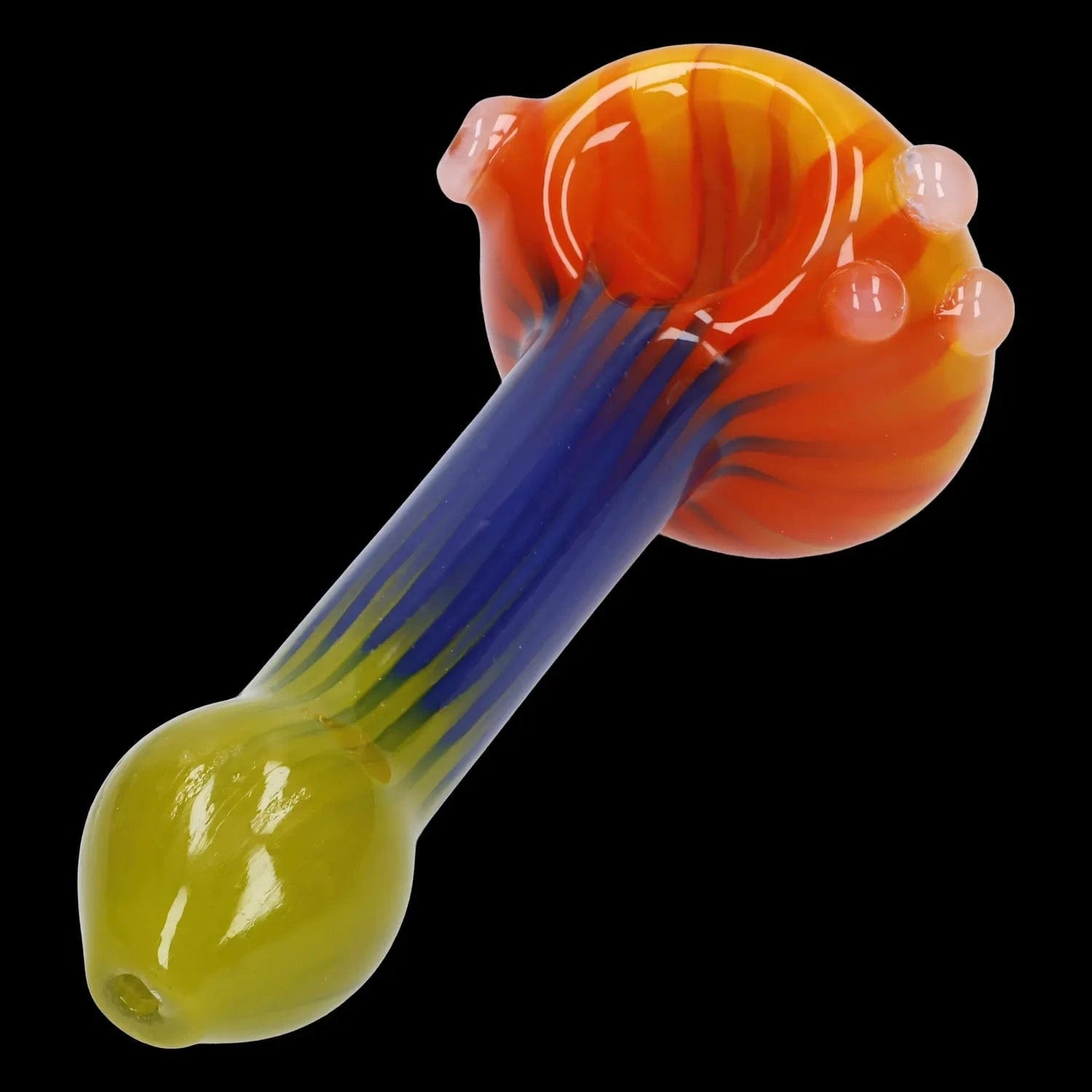 A close-up, angled view of the 4.5-inch Colorful Reversal Art Spoon Pipe, featuring colorful swirls in clear glass.