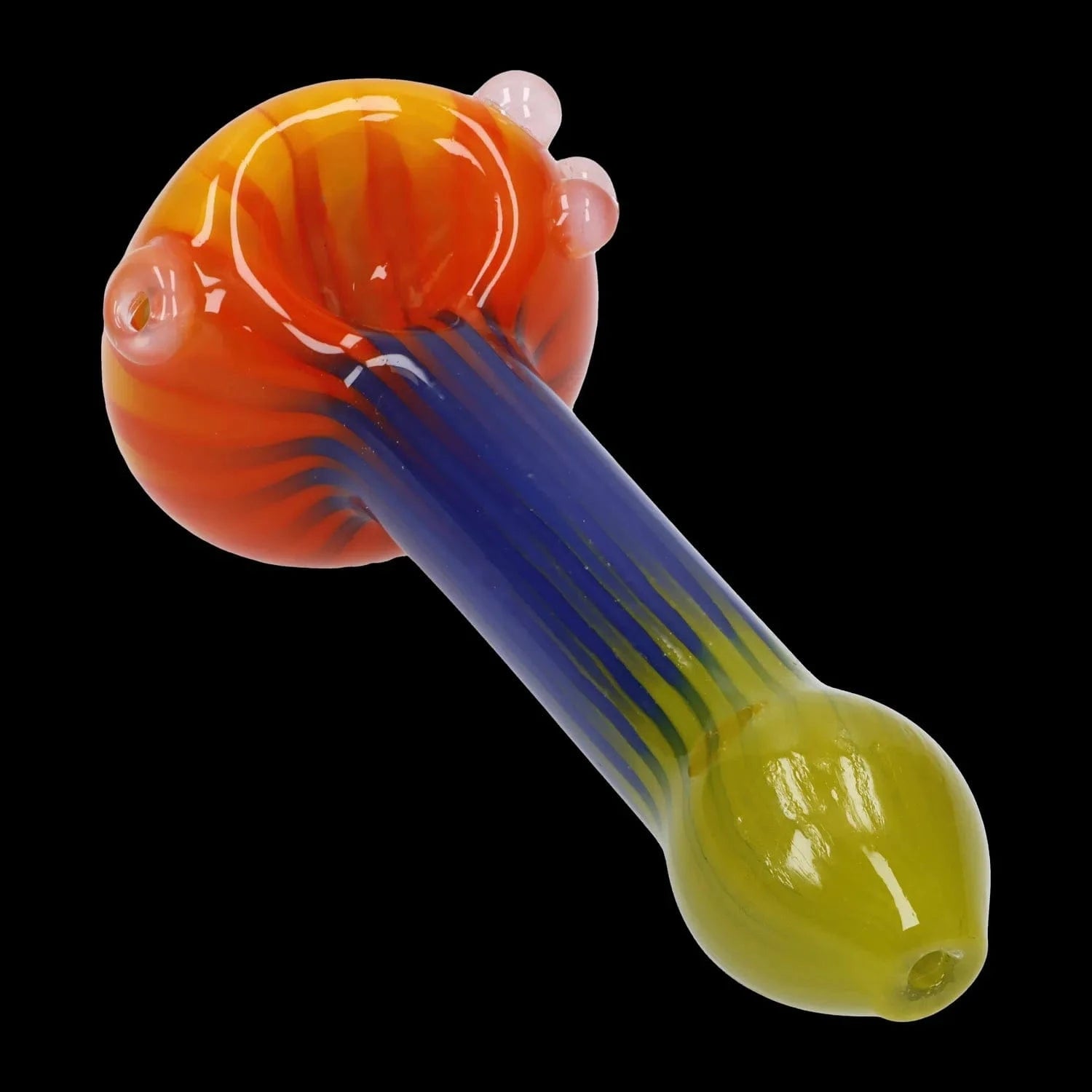 A studio shot of the 4.5-inch Colorful Reversal Art Spoon Pipe, showing the curved glass form and colorful swirls from a slight angle.