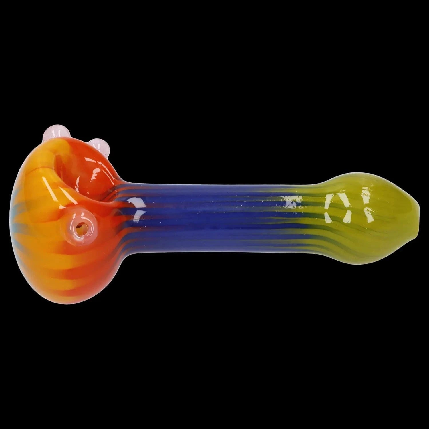 A side view of the 4.5-inch Colorful Reversal Art Spoon Pipe, displaying a vibrant, swirling glass design.