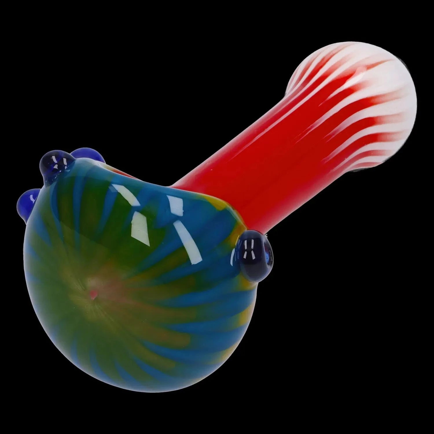 A vibrant side view of the 4.5-inch Colorful Reversal Art Spoon Pipe with red and blue swirling glass patterns.