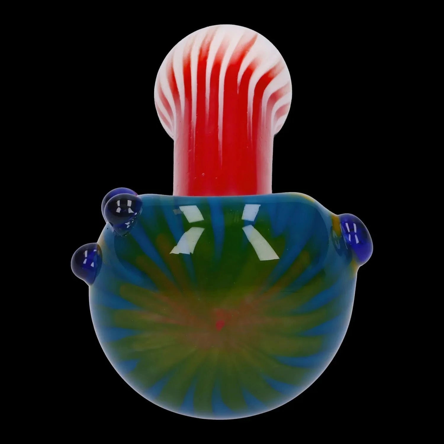 A close-up, angled view of the Colorful Reversal Art Spoon Pipe – 4.5 in, showing a vibrant, colorful glass design.