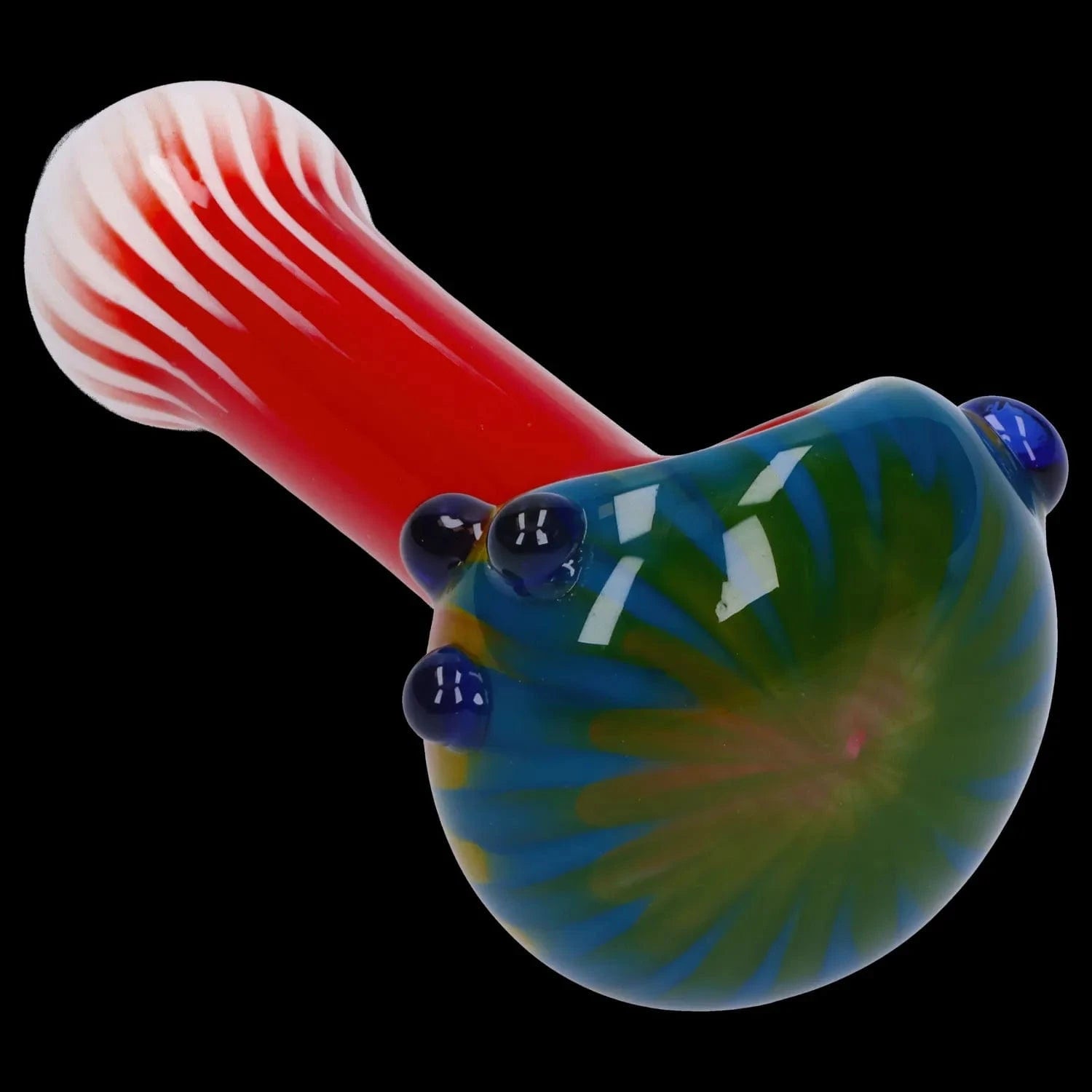 A vibrant, angled view of the 4.5-inch Colorful Reversal Art Spoon Pipe, showcasing its colorful glass swirl design.