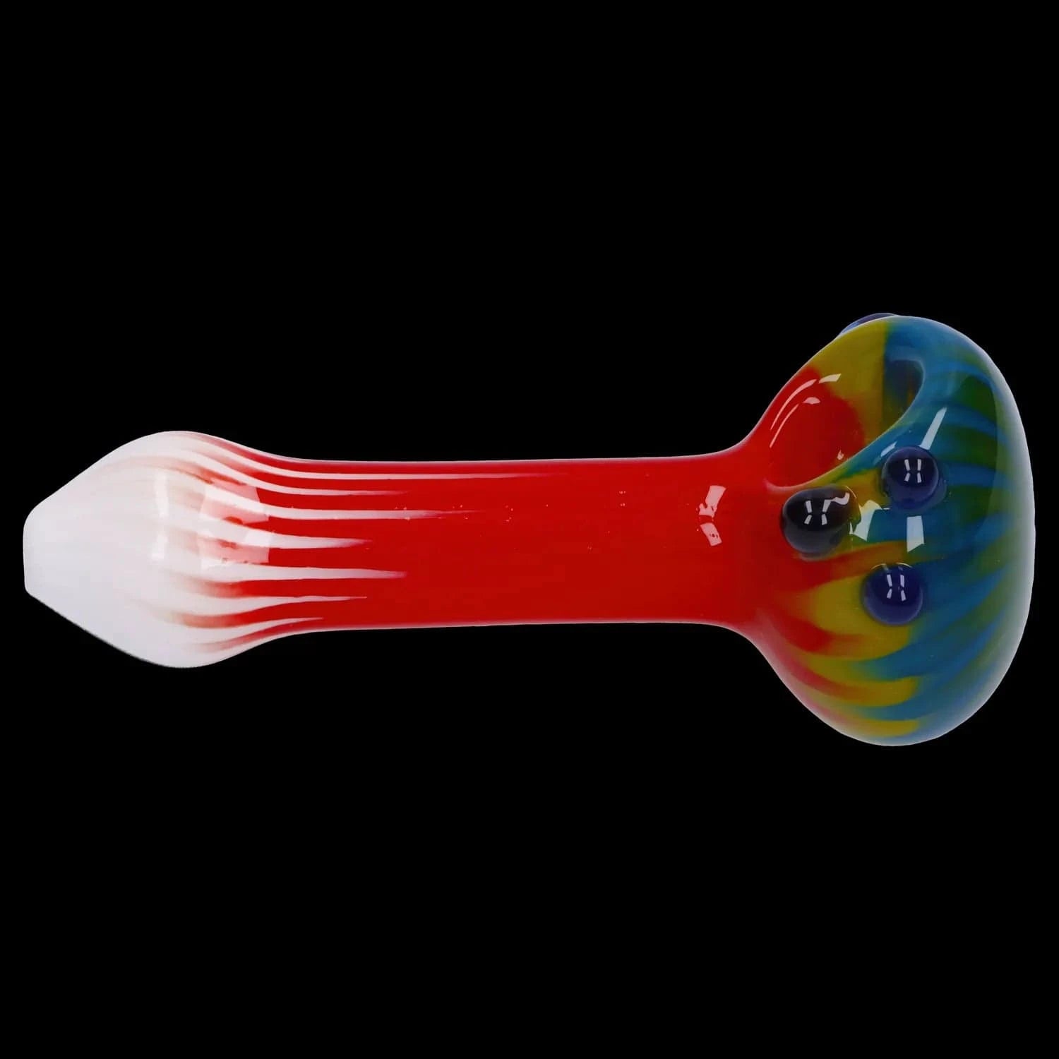 A side view of the 4.5-inch Colorful Reversal Art Spoon Pipe, showcasing its vibrant, colorful glass design.