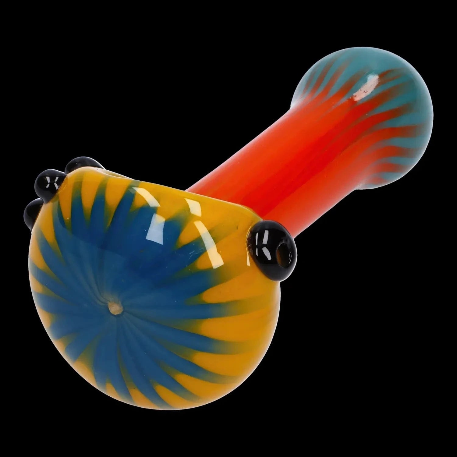 A front view of the Colorful Reversal Art Spoon Pipe - 4.5 in, displaying a vibrant, curved glass pipe against a dark backdrop.