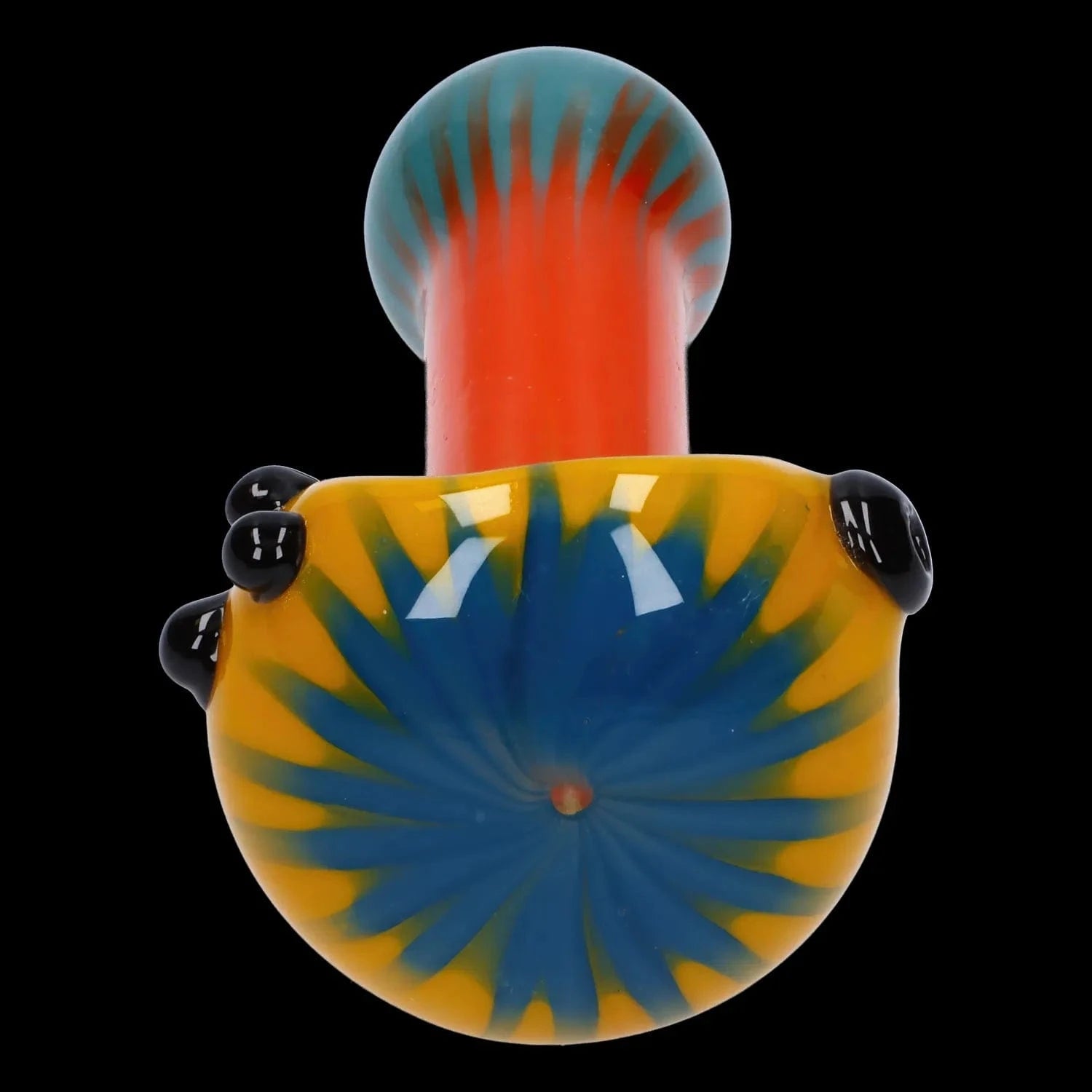 Front view of the Colorful Reversal Art Spoon Pipe - 4.5 in, showcasing a vibrant, spiraled glass design.