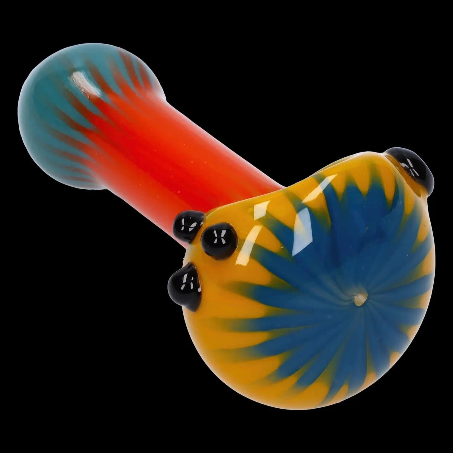 A vibrant, angled view of the Colorful Reversal Art Spoon Pipe - 4.5 in, showcasing its colorful glass swirl design.