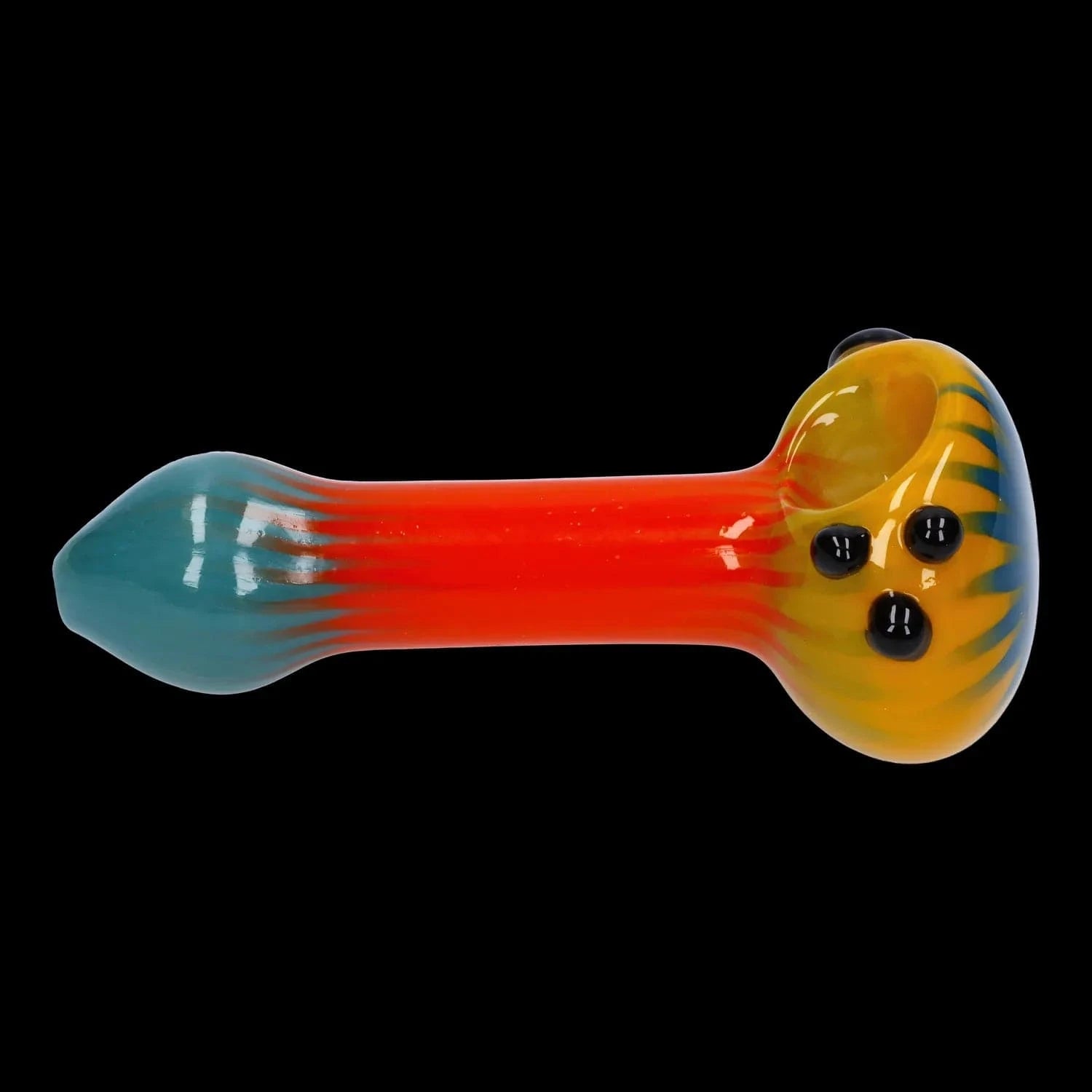 A side view of the 4.5-inch Colorful Reversal Art Spoon Pipe, showing its colorful glass design and curved bowl.