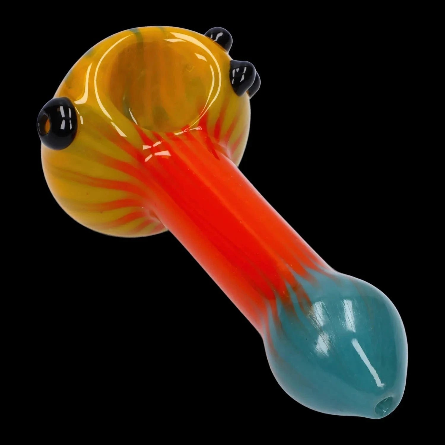 A side view of the 4.5-inch Colorful Reversal Art Spoon Pipe, showcasing its vibrant, multi-colored glass design.