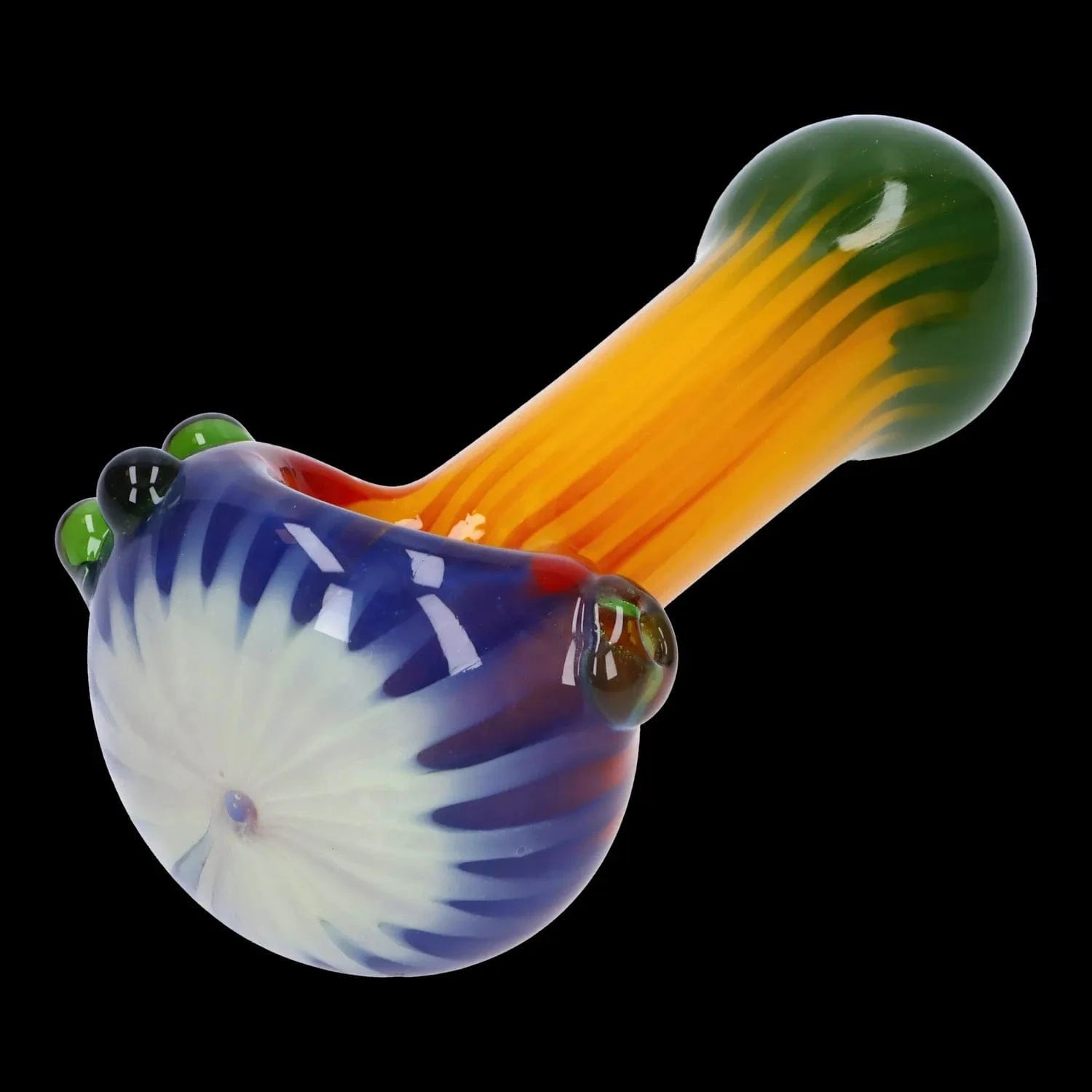 A three-quarter view of the 4.5-inch Colorful Reversal Art Spoon Pipe, featuring a vibrant, swirling color pattern in its glass construction.