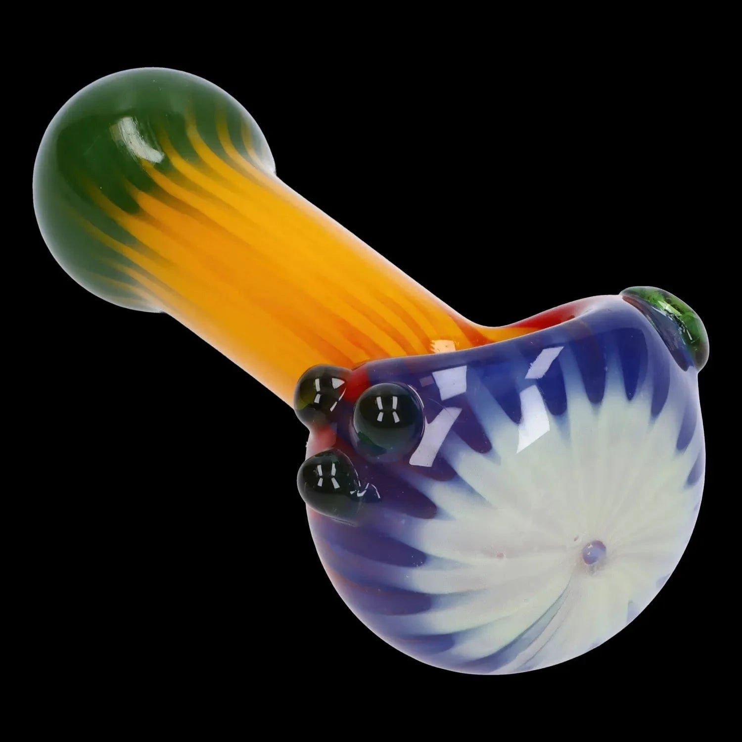 A side view of the 4.5-inch Colorful Reversal Art Spoon Pipe, showcasing its vibrant, swirling color pattern in glass.