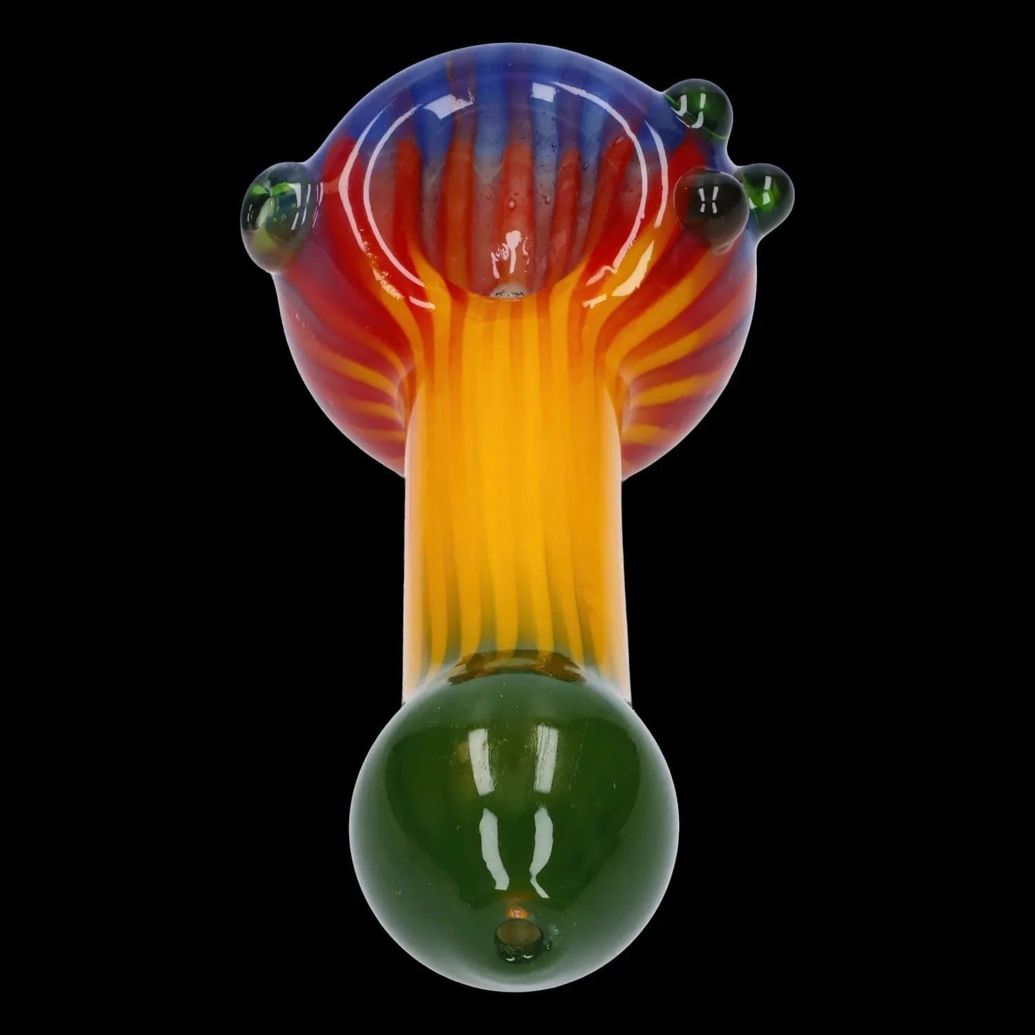 A studio shot of the 4.5-inch Colorful Reversal Art Spoon Pipe, showcasing its vibrant color pattern and curved design.