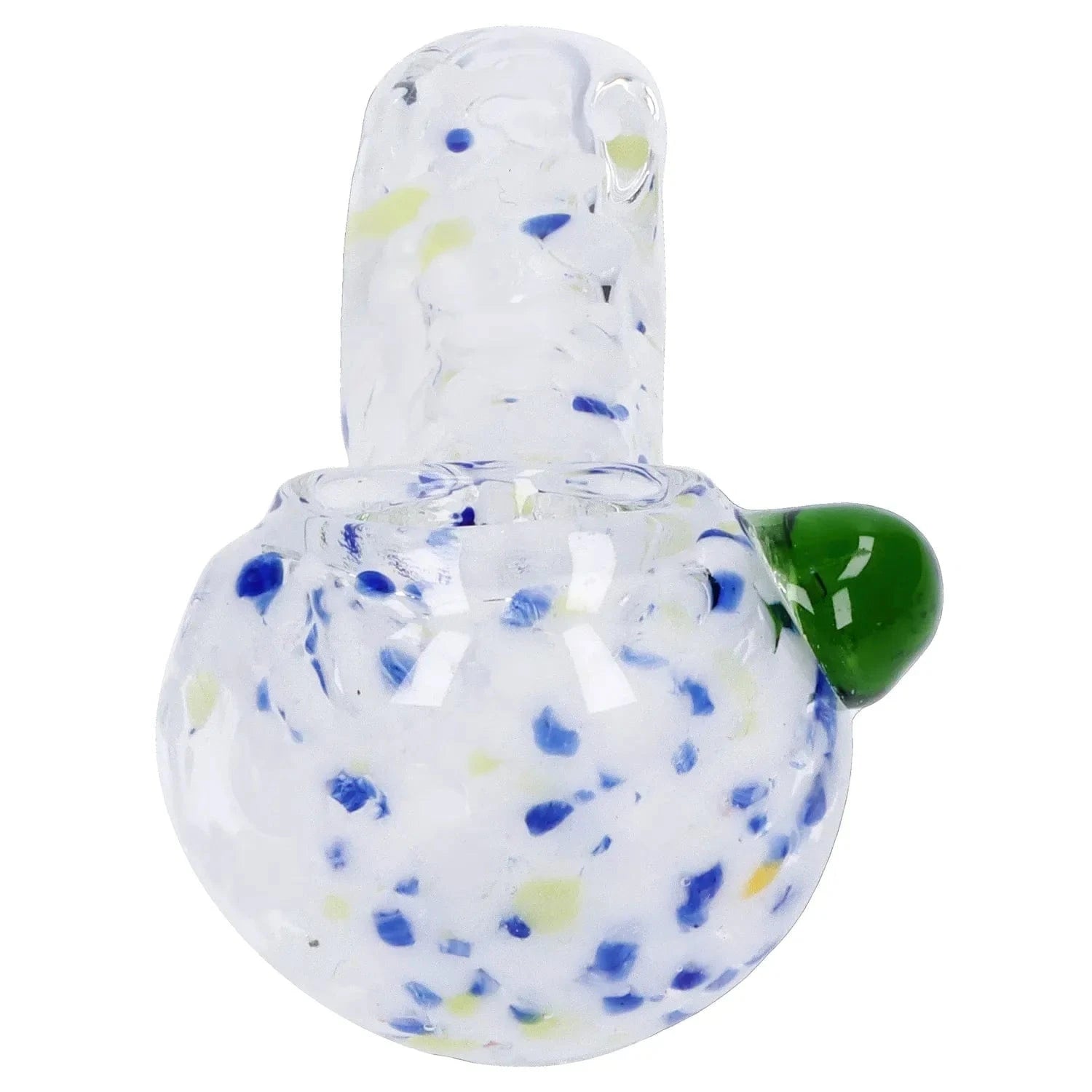 Close-up front view of the Frit Glass with Square Mouth Pipe - 3.5 in, showing white glass with blue and yellow frit speckles and a small green knob on a white background